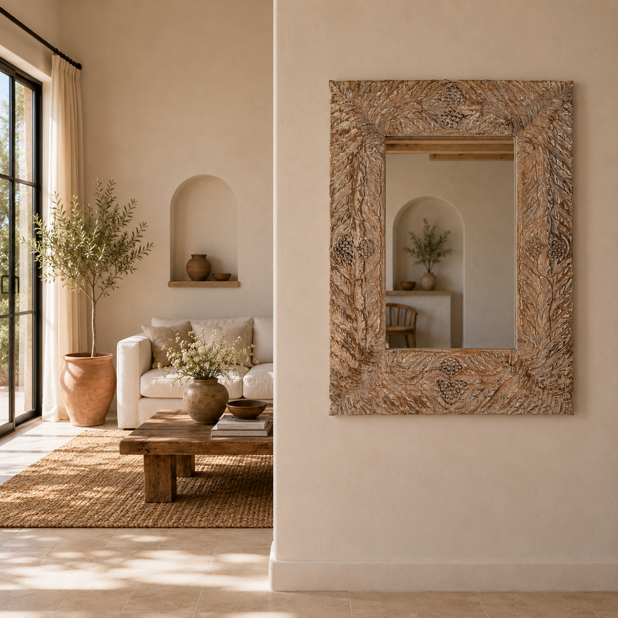 Lifestyle image of a of a carved mango wood mirror Anumati with floral motifs and distressed finish. A handcrafted Indian furniture piece perfect for vintage home decor and artisanal interiors.