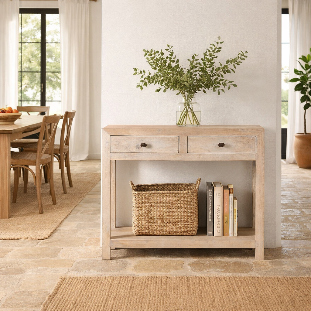 Lifestyle image of a Ibiza style reclaimed wood console table with two drawers and a lower shelf, whitewashed finish, 100 × 40 × 90 cm.