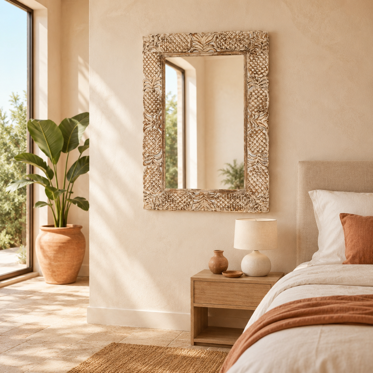 Lifestyle imagination of a carved mango wood mirror Apasmara in white-washed finish with hand-carved floral details. A handcrafted Indian furniture piece ideal for vintage home decor and boho interiors.