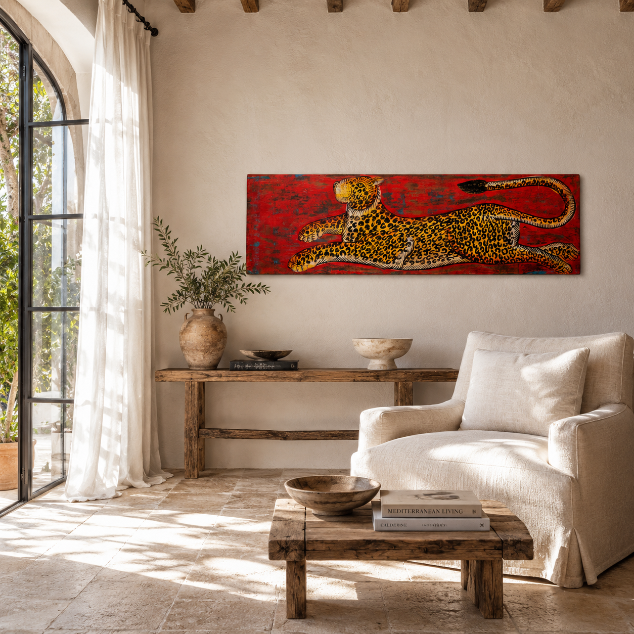 Lifestyle image of a Arbuda hand painted wall panel featuring a vivid Indian tiger on reclaimed teak wood—an expressive tiger wall decoration and artisan-crafted tribute to Indian wildlife.