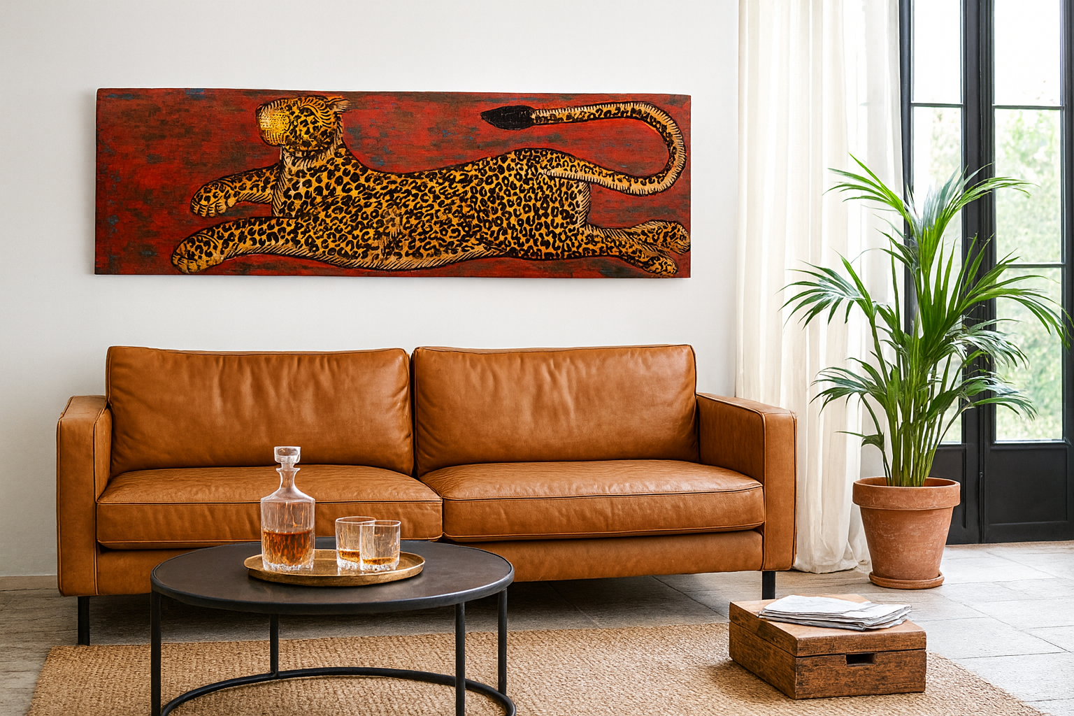 Lifestyle image of a Arbuda hand painted wall panel featuring a vivid Indian tiger on reclaimed teak wood—an expressive tiger wall decoration and artisan-crafted tribute to Indian wildlife.