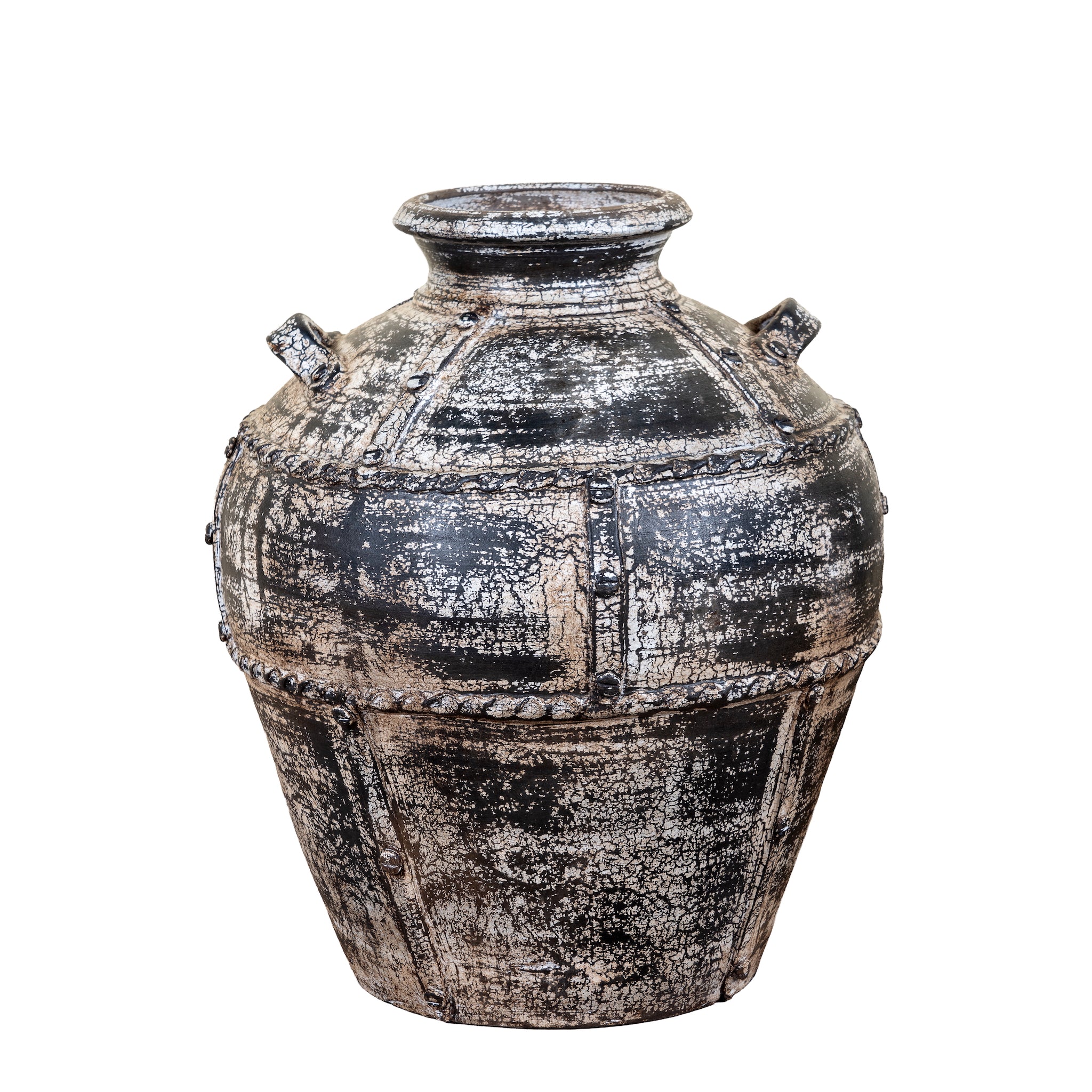 White background image of a hand-painted clay vase with vintage distressed charcoal finish, sculptural side handles and decorative rivet details, 30x38cm.