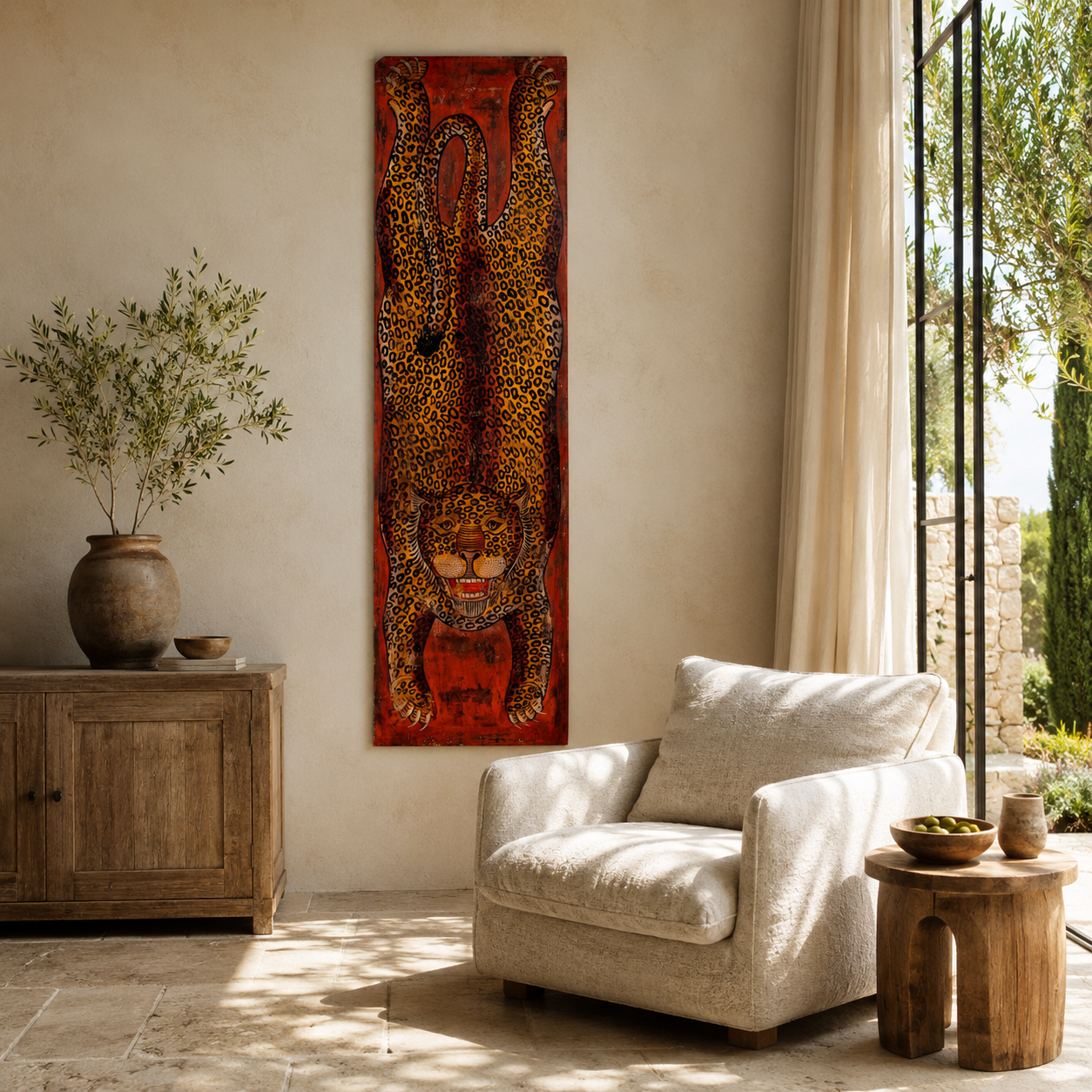 Lifestyle image of a Arishta hand-painted wooden wall decoration featuring an Indian tiger on recycled teak—an expressive Indian door decoration with heritage and artistic depth.