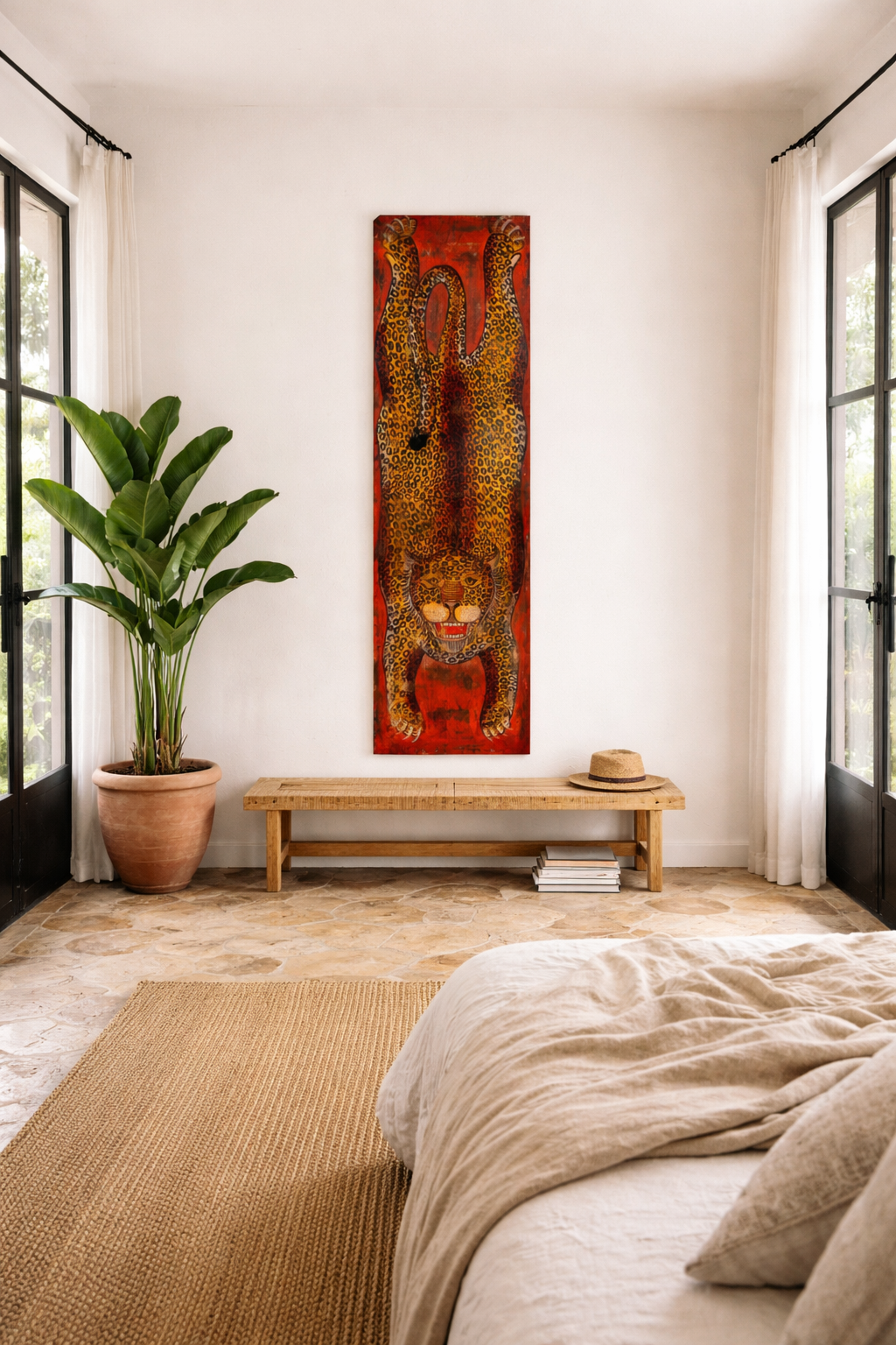 Lifestyle image of a Arishta hand-painted wooden wall decoration featuring an Indian tiger on recycled teak—an expressive Indian door decoration with heritage and artistic depth.