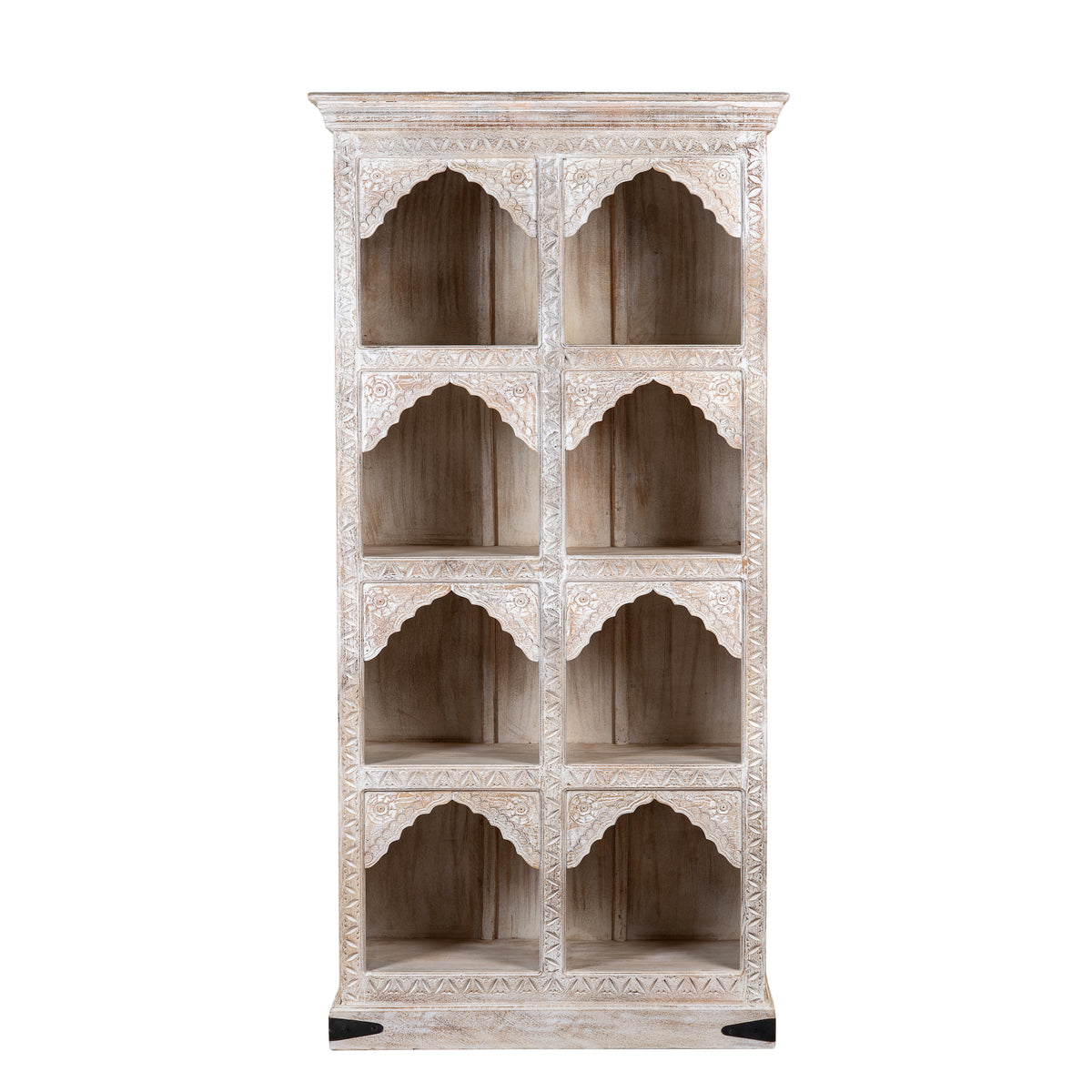 White background image of a hand-carved mango wood shelving unit with Moroccan arches and whitewashed finish; perfect as an entryway shelf or display piece, 180 × 90 × 40 cm.