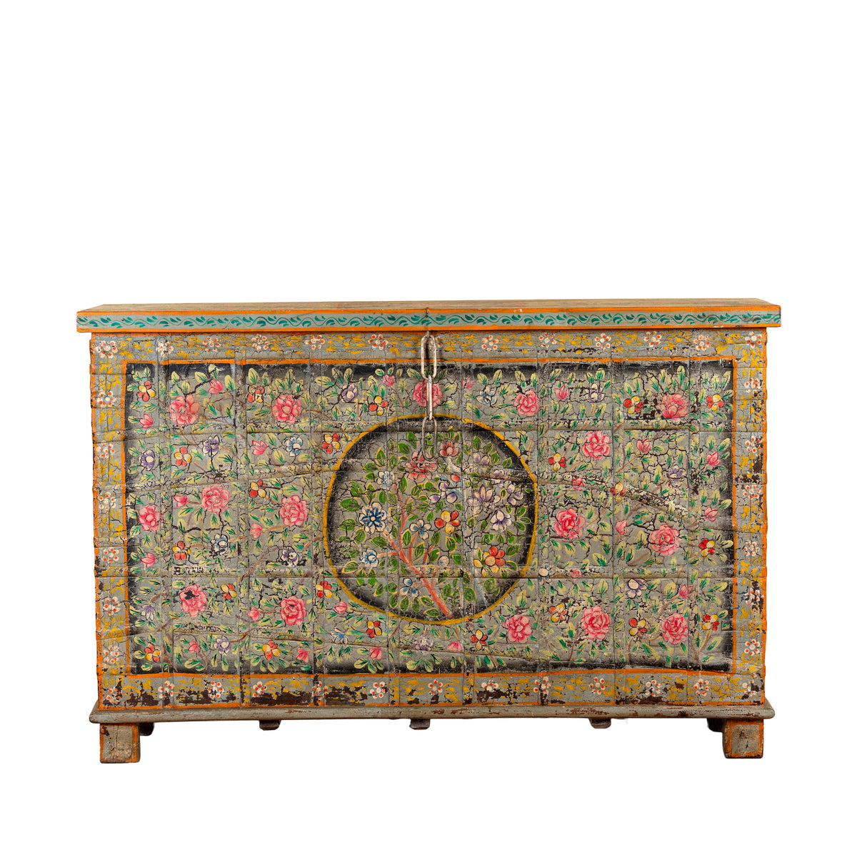 White background image of a Armaan hand painted reclaimed teak wood storage chest with colourful floral motifs and traditional iron fittings, 151cm wide