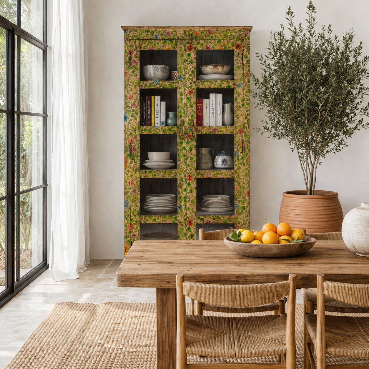 Lifestyle image of a hand-painted reclaimed wood showcase cabinet with floral motifs and glass doors, sustainable furniture and vintage home decor style, 96 × 40 × 182 cm.
