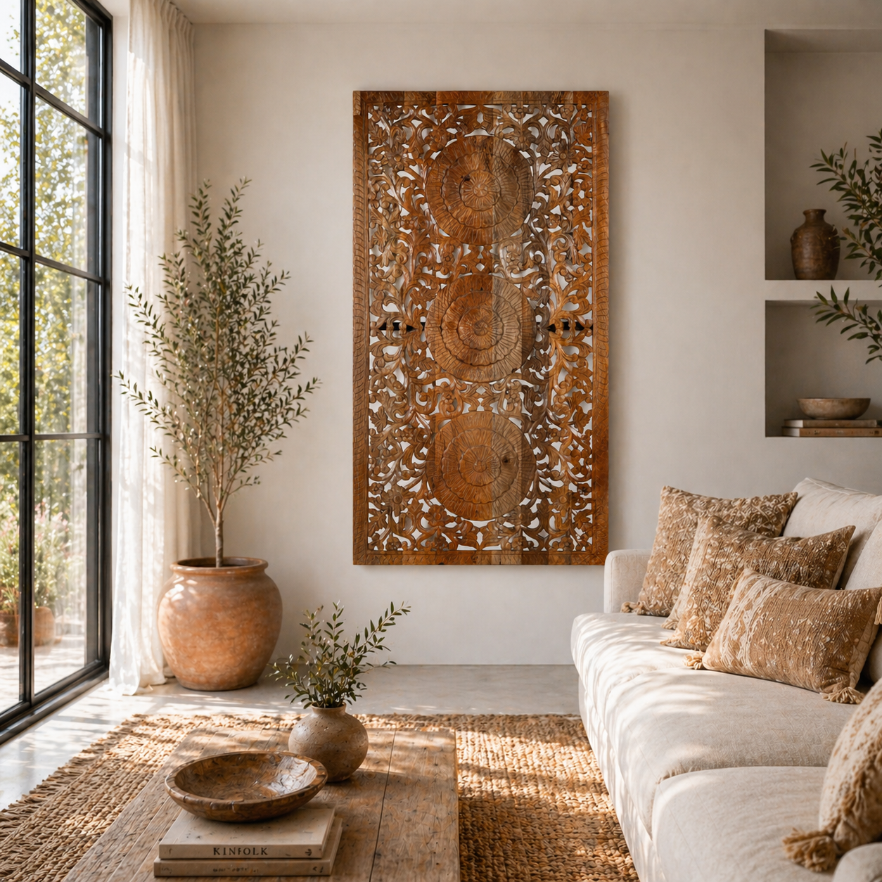 Lifestyle scene with a hand-carved mango wood wall panel with floral engravings in natural finish – Arusha model by Om Home & Garden
