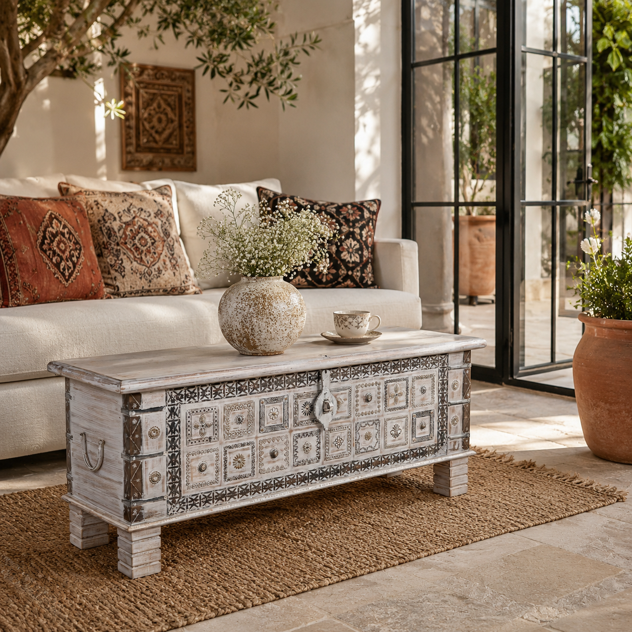 Lifestyle image of a Aryav whitewashed mango wood coffee table chest with decorative iron fittings 116cm