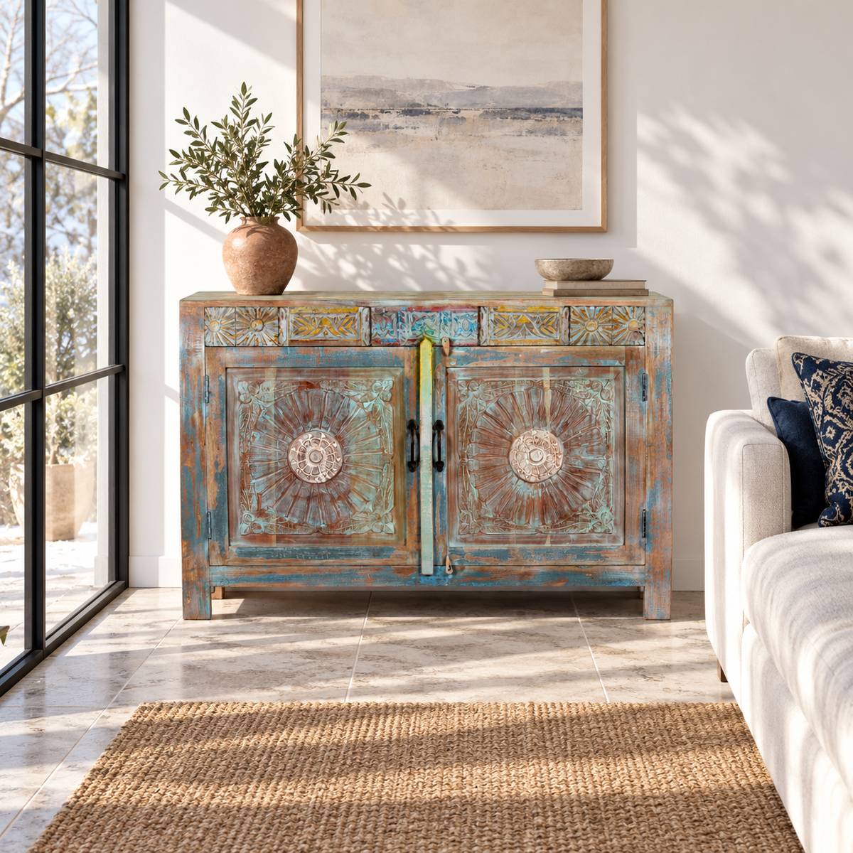 Lifestyle image of a Aryen hand carved reclaimed wood sideboard with vintage house elements and distressed blue turquoise finish 120cm