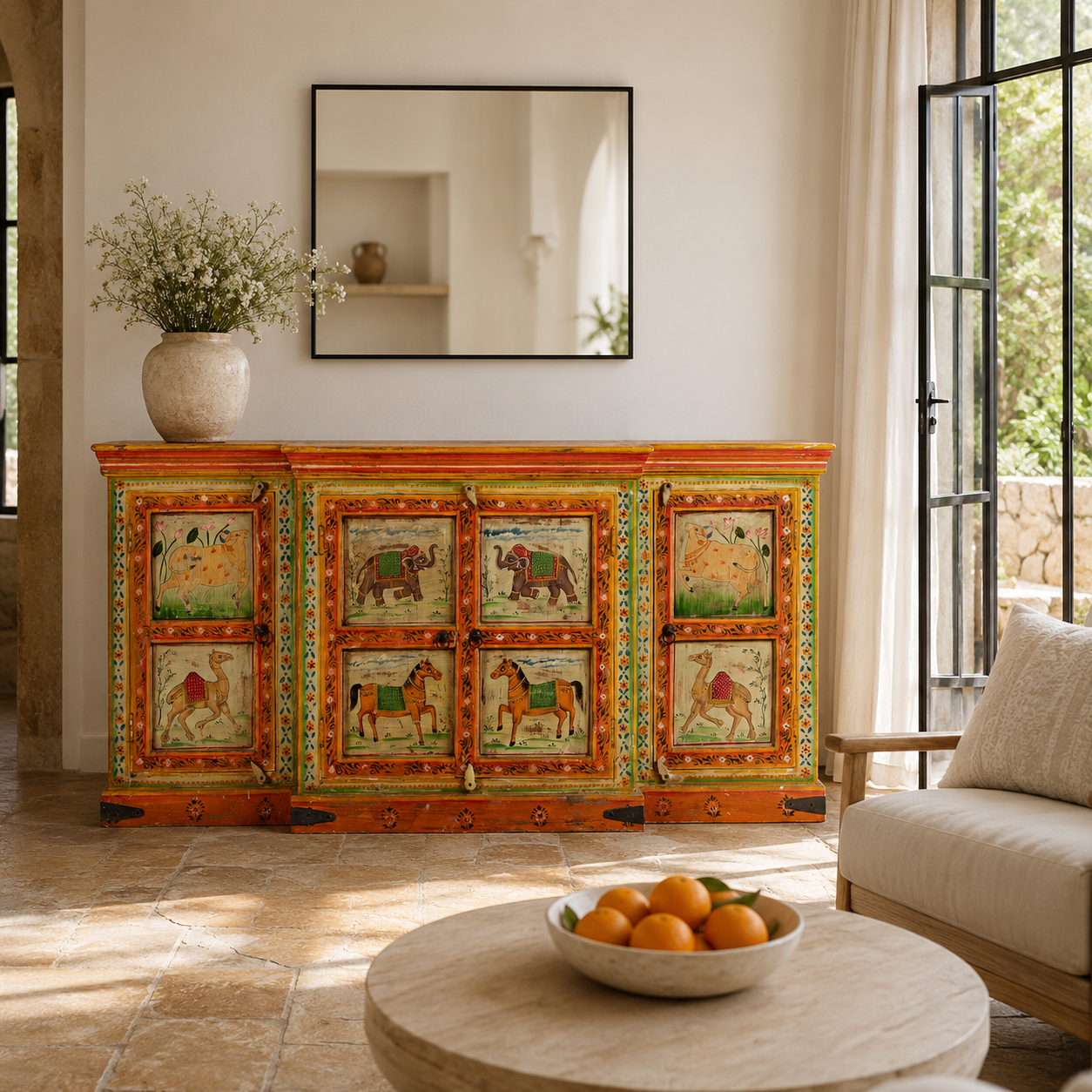 Lifestyle image of a hand-painted reclaimed wood sideboard with Indian god motifs; unique hand painted furniture and Indian furniture online, 177 × 92 × 51 cm.