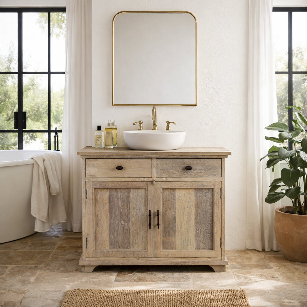 Lifestyle imagination of a reclaimed wood sandblasted cupboard with 2 drawers and 2 doors; sustainable bathroom furniture, 100 × 50 × 80 cm.