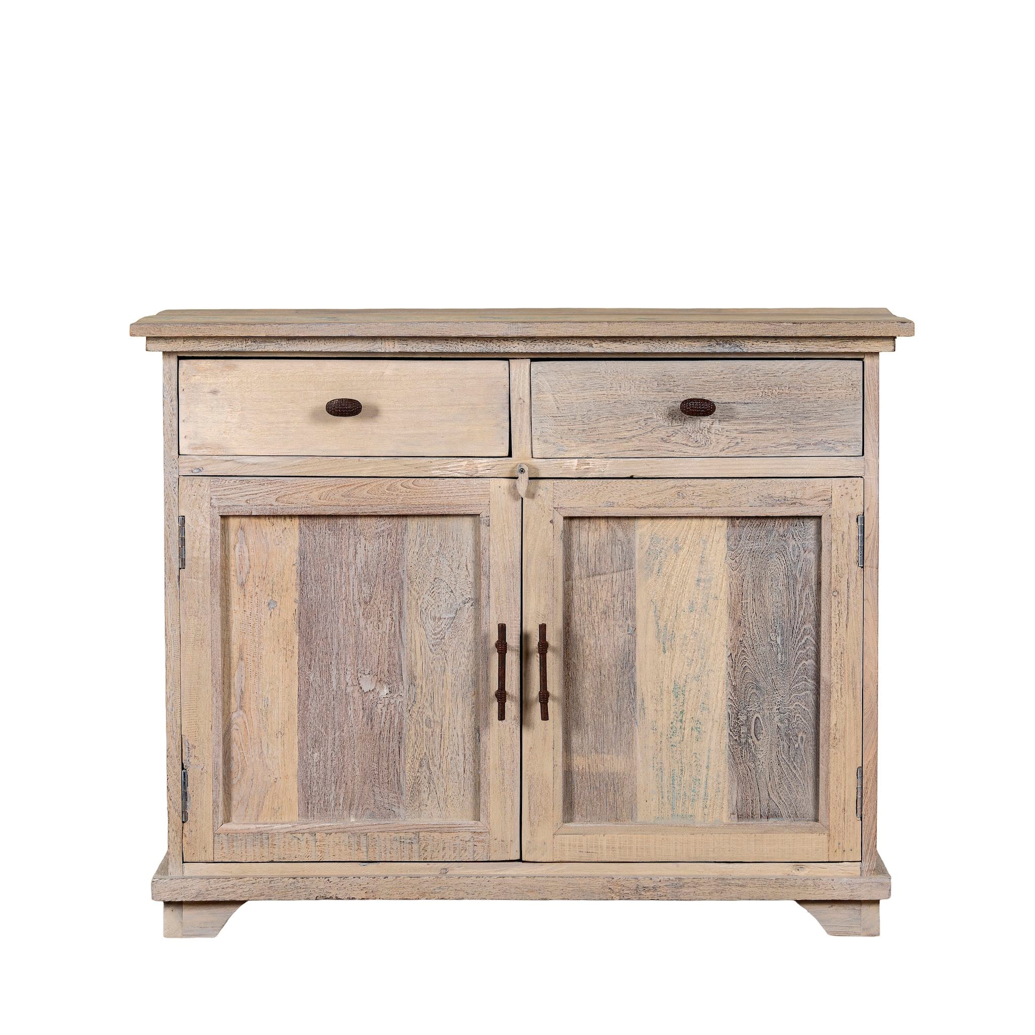 White background image of a reclaimed wood sandblasted cupboard with 2 drawers and 2 doors; sustainable bathroom furniture, 100 × 50 × 80 cm.