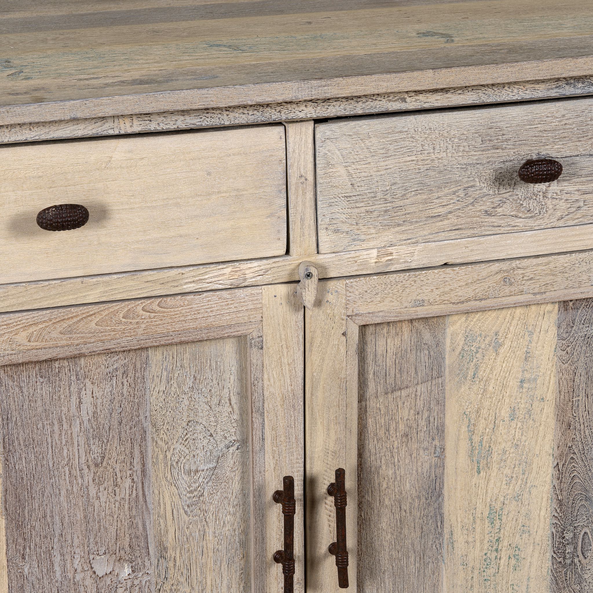 Close up image of a reclaimed wood sandblasted cupboard with 2 drawers and 2 doors; sustainable bathroom furniture, 100 × 50 × 80 cm.