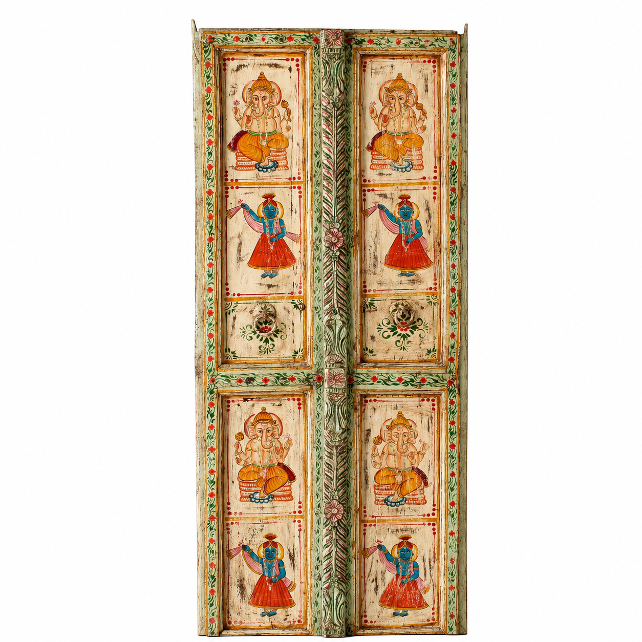 White background image of a hand-painted teak door panel featuring Goddess Lakshmi and traditional dancers, framed by leafy green carvings—a spiritual and unique Indian wall decoration repurposed from antique teak architecture.