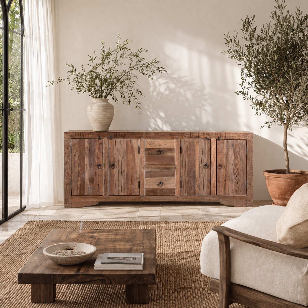Lifestyle imagination of a reclaimed wood sideboard Avana in a rustic minimalistic style with multiple cabinets and drawers, showcasing natural wood grain and simple iron handles.