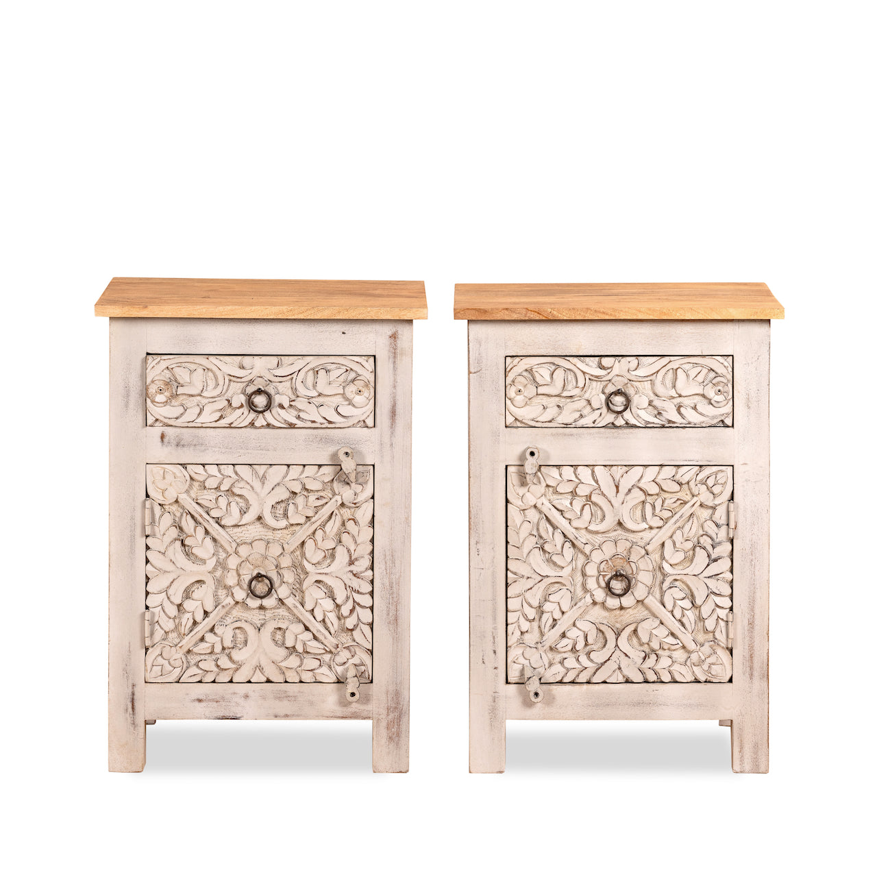 White background image of a pair of vintage night stands in mango wood with hand-carved geometric details and distressed finish; ideal for vintage home decor, 76 × 56 × 35 cm.