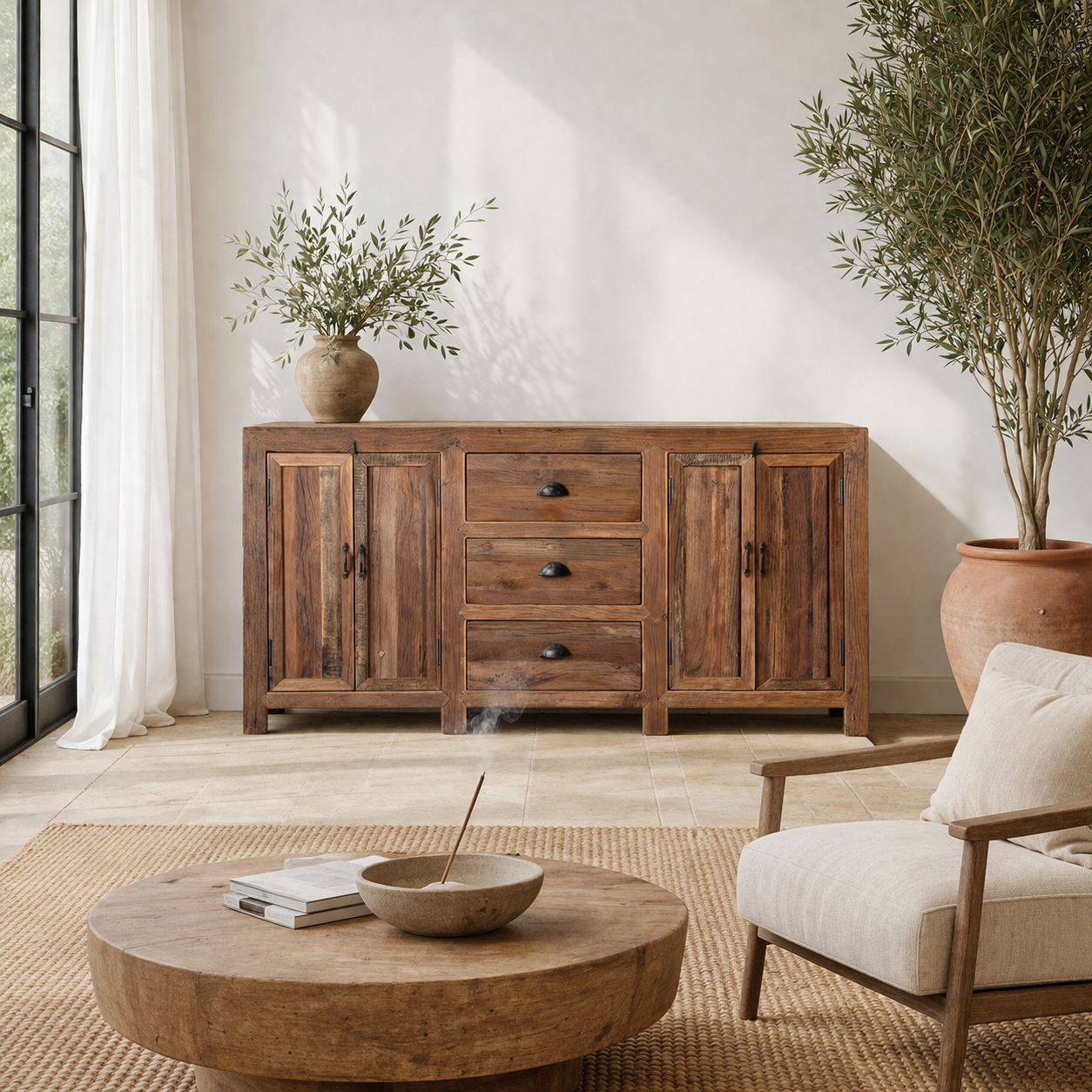 Lifestyle imagination of a reclaimed wood sideboard Avika in a rustic minimalistic design with three drawers and two double-door cabinets. A sustainable furniture piece with warm wood tones and black iron handles, perfect for eco-conscious interiors.