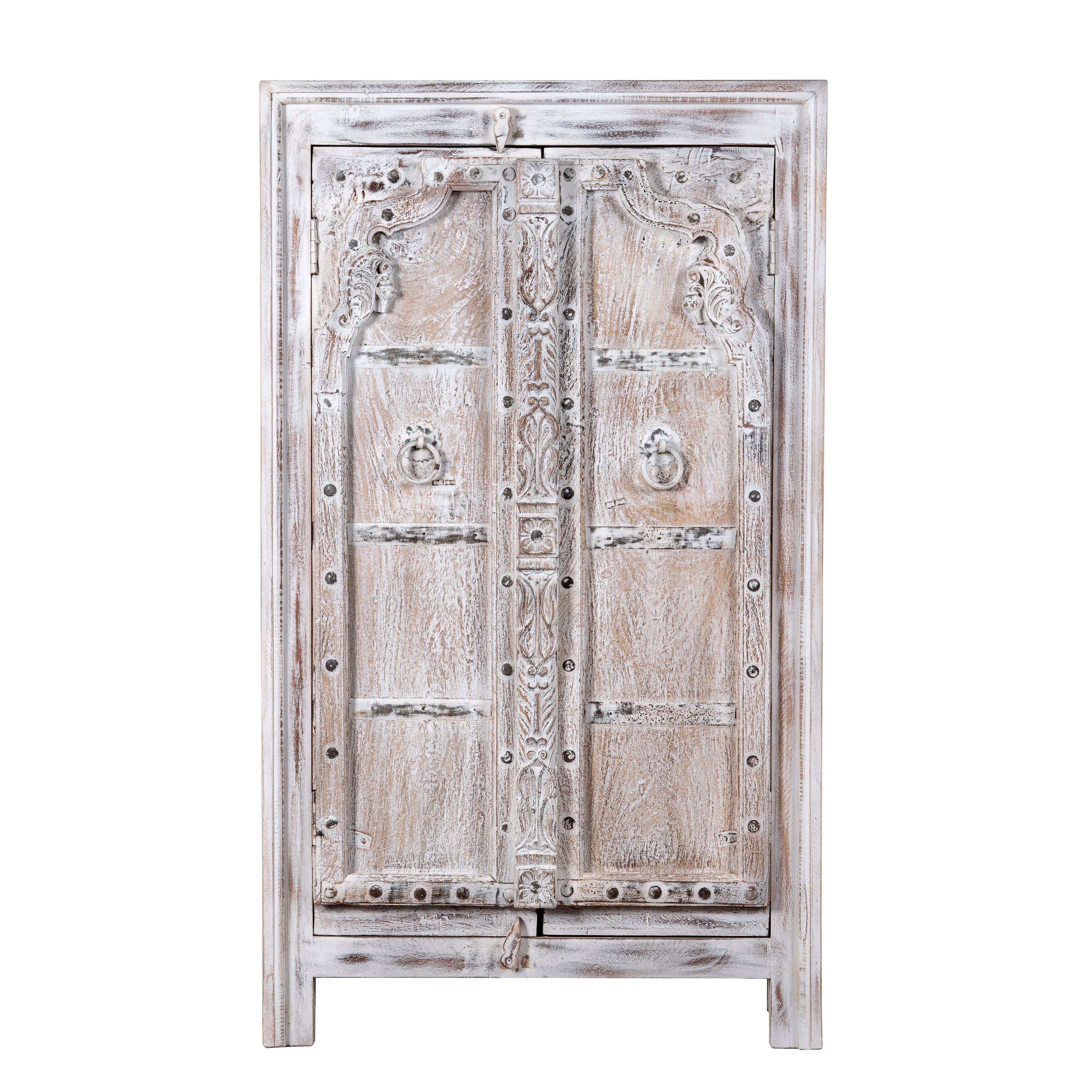 White background image of a handcrafted cabinet with reclaimed Indian window frame doors, white-washed finish, and iron accents – vintage home decor with teak furniture appeal.