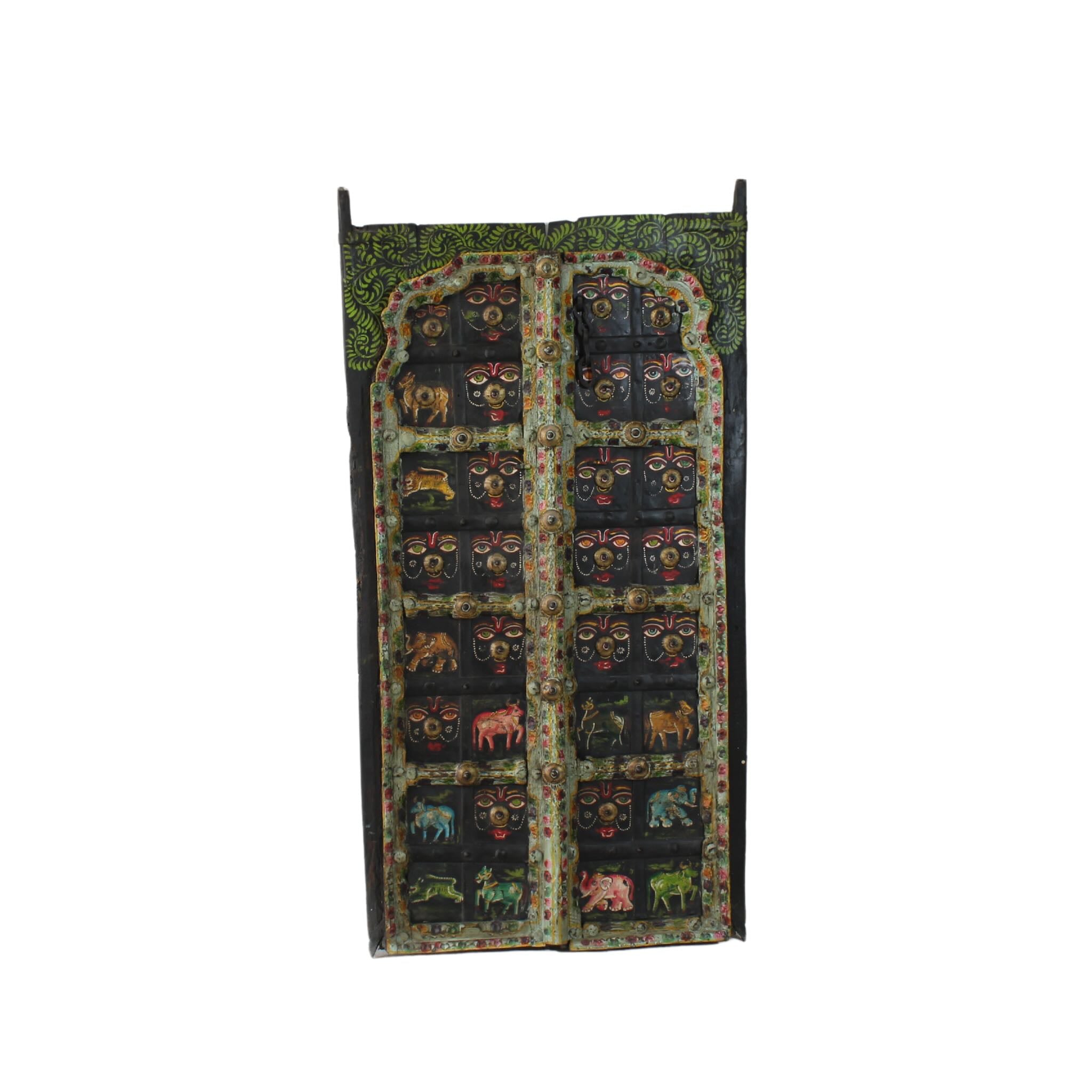 White background image of a Ayandh hand-painted teak door panel featuring sacred animal motifs and folk figures with a weathered floral frame—a vibrant example of teak door panels and unique Indian wall decoration.