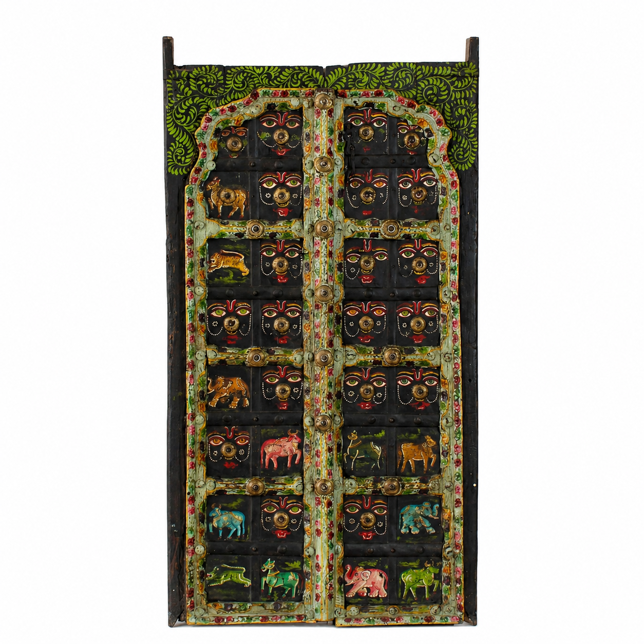 White background image of a Ayandh hand-painted teak door panel featuring sacred animal motifs and folk figures with a weathered floral frame—a vibrant example of teak door panels and unique Indian wall decoration.