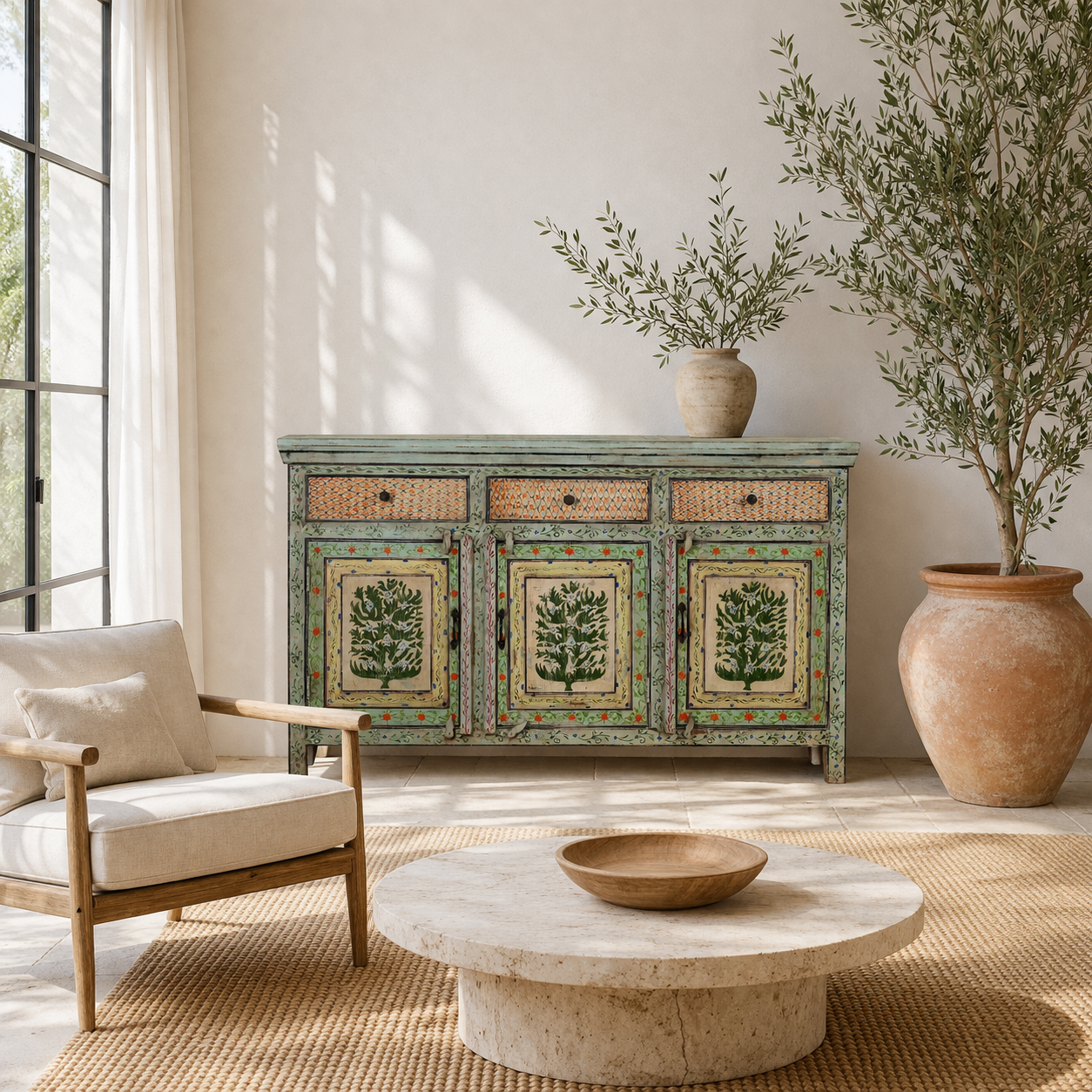 Lifestyle image of a hand-painted sideboard made from reclaimed wood, featuring three drawers and three cabinet doors adorned with intricate floral borders and tree motifs in earthy green and warm tones, finished in a soft distressed patina for a vintage artisanal look.