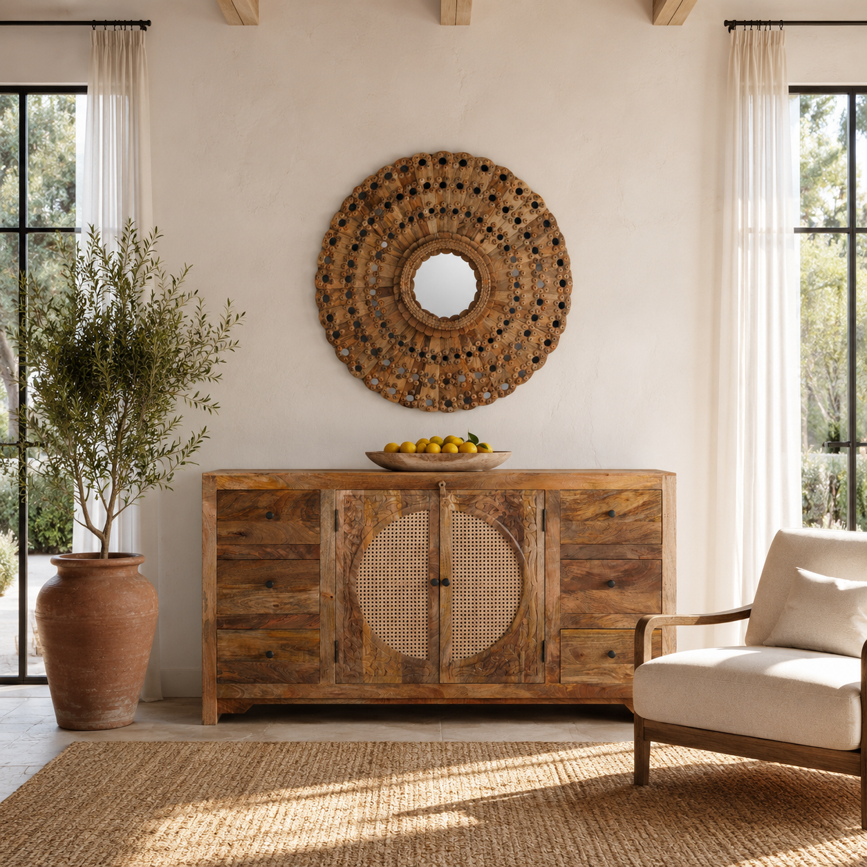 Lifestyle imagination of a of a round mango wood mirror Babra with concentric carved design and mirror inlays. A piece of unique wall decor combining artisanal craftsmanship and rustic bohemian charm.