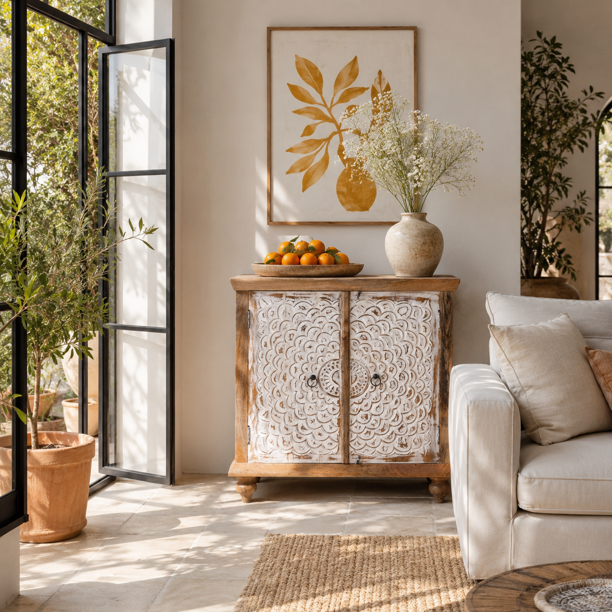 Lifestyle image of a carved wood furniture cupboard with white-washed engraved doors and mango wood body, 90 × 90 × 40 cm.