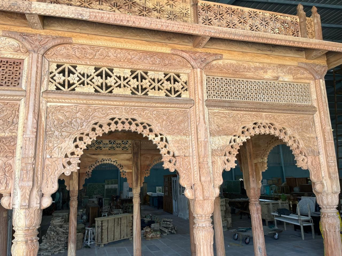 Bageecha hand carved reclaimed wood garden house with flat roof, ornamental arches and carved pillars 375cm