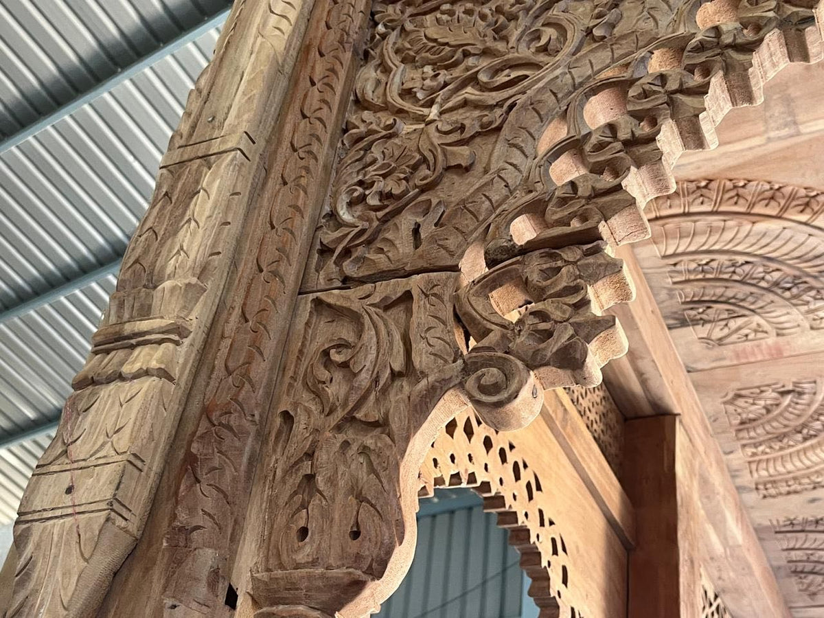 Bageecha hand carved reclaimed wood garden house with flat roof, ornamental arches and carved pillars 375cm