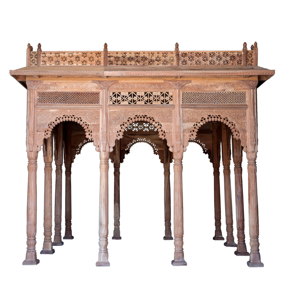 White background image of a Bageecha hand carved reclaimed wood garden house with flat roof, ornamental arches and carved pillars 375cm