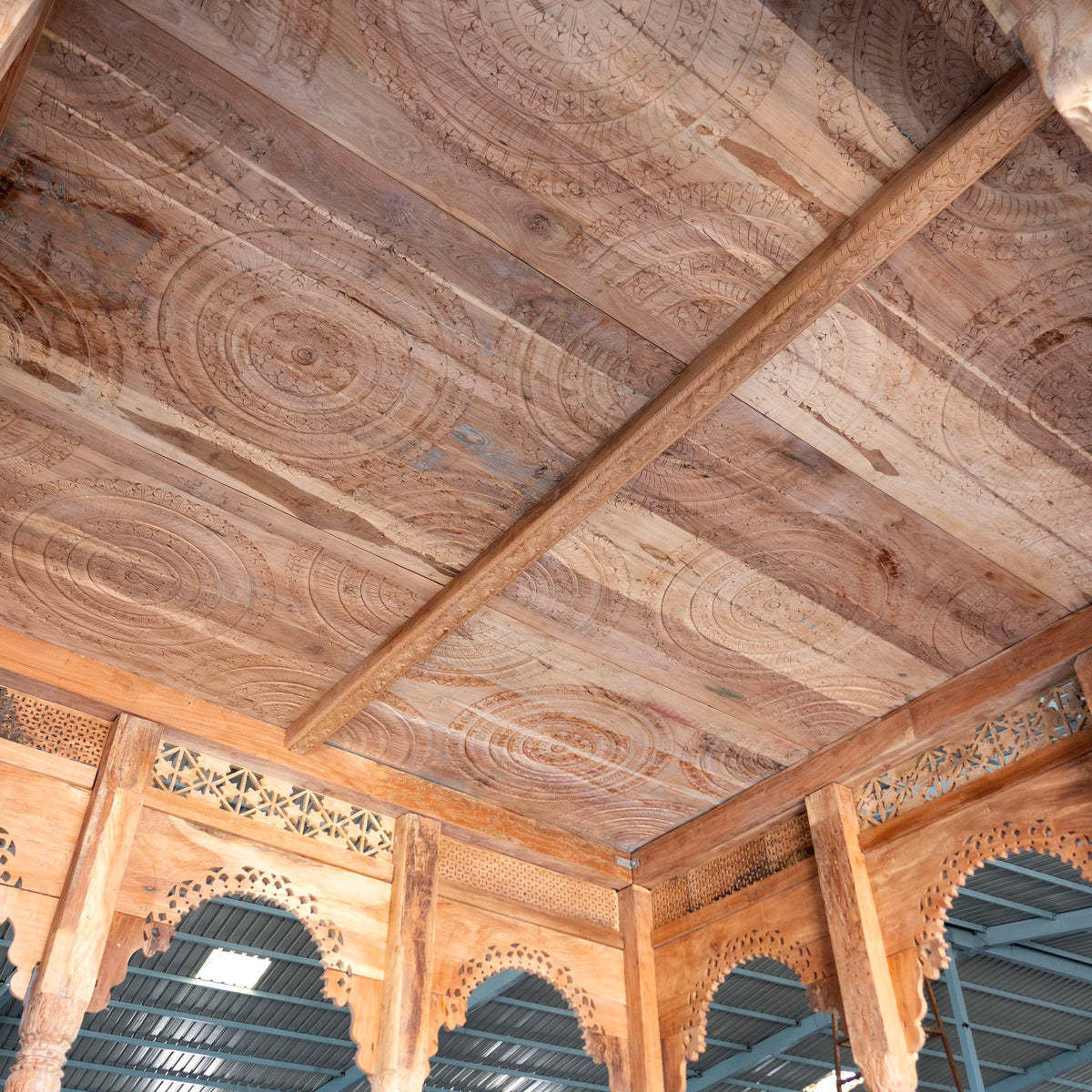 Bageecha hand carved reclaimed wood garden house with flat roof, ornamental arches and carved pillars 375cm