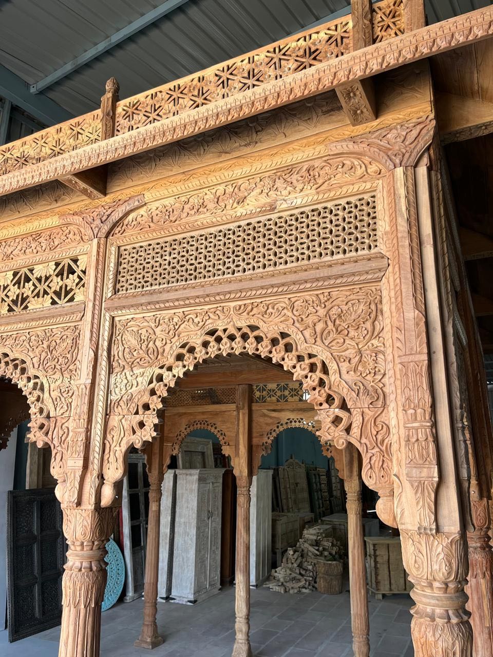 Bageecha hand carved reclaimed wood garden house with flat roof, ornamental arches and carved pillars 375cm