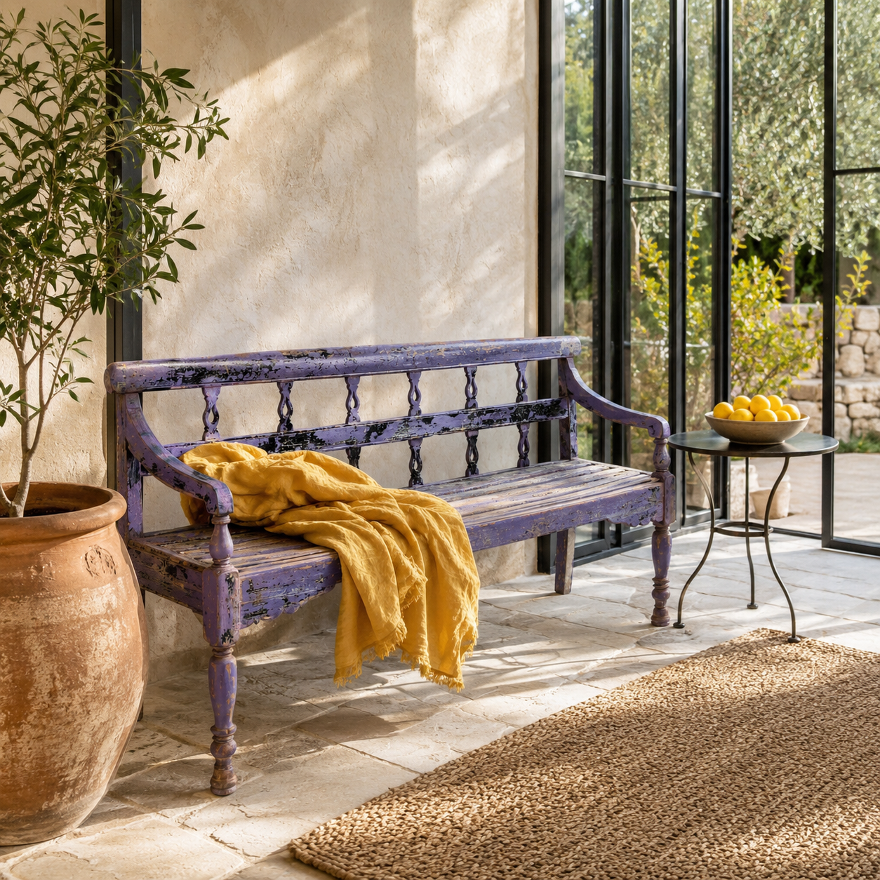 Lifestyle image of a Bagnan reclaimed teak wood bench with distressed shabby chic finish and spindle backrest, 180cm