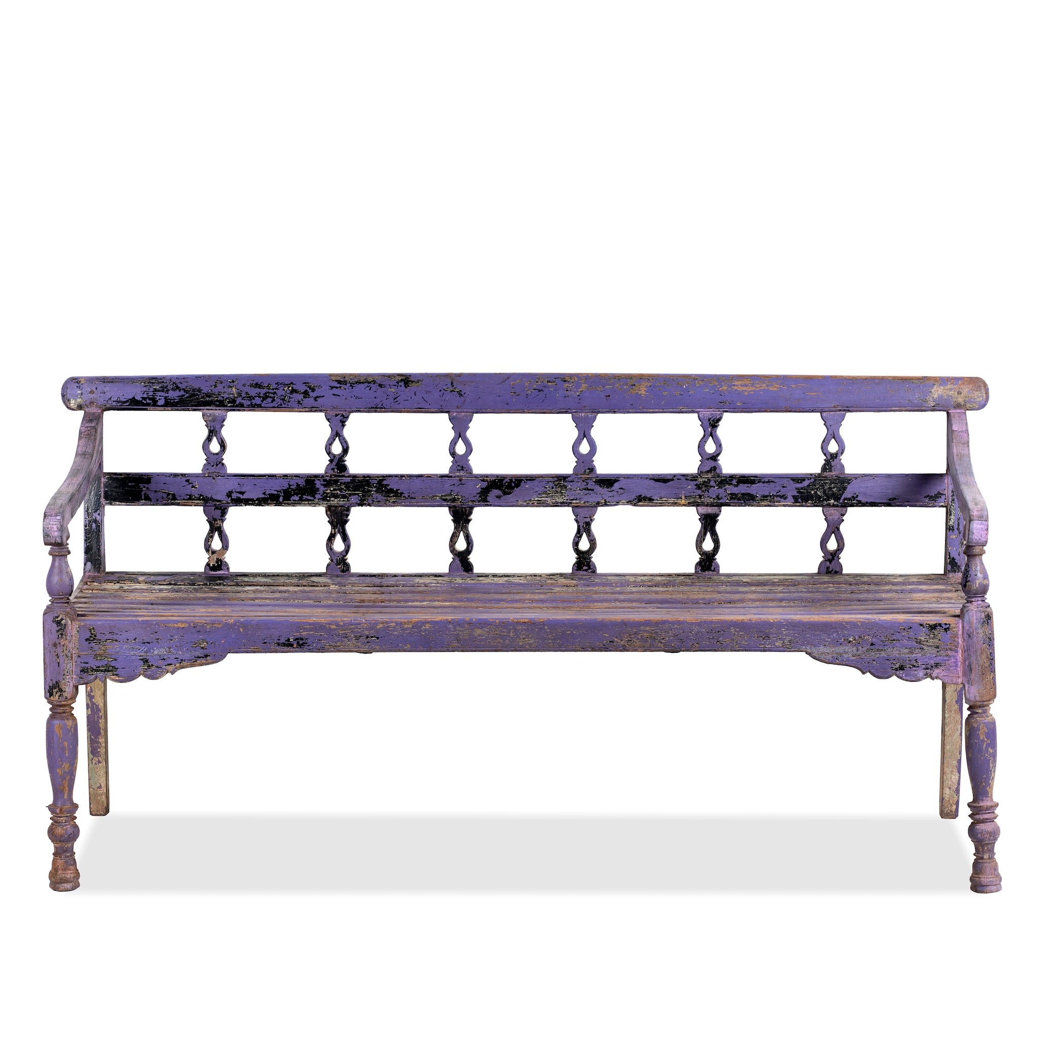 White background image of a Bagnan reclaimed teak wood bench with distressed shabby chic finish and spindle backrest, 180cm