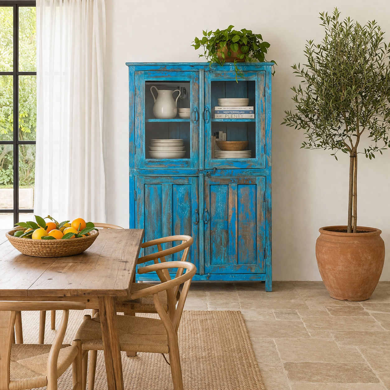 lifestyle image of a refurbished blue teak wood showcase with glass and wooden doors – sustainable dining room furniture crafted from reclaimed teak with vintage flair.