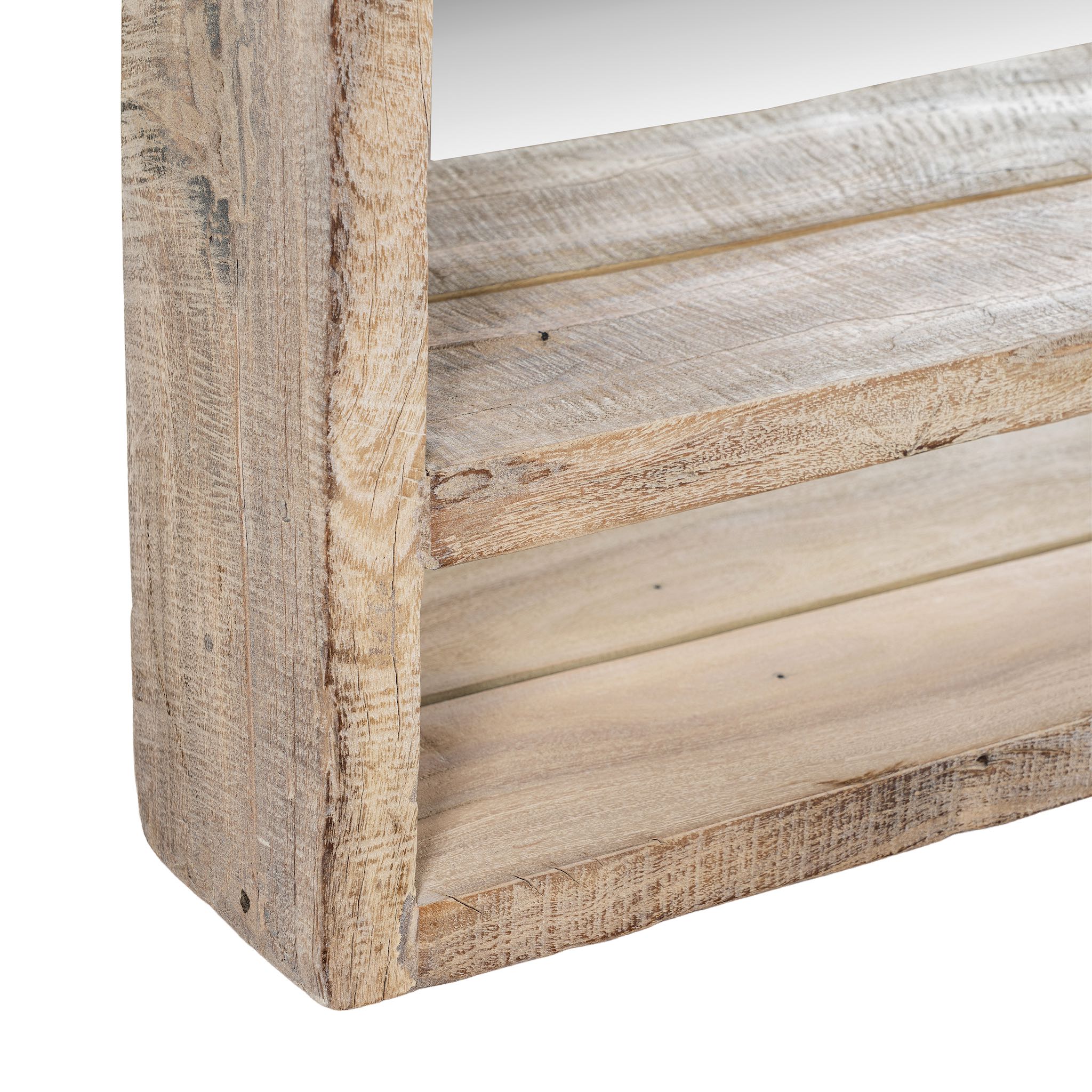 Close up image of a Barkha reclaimed wood mirror with integrated shelf and sandblasted wooden frame, 90x60cm