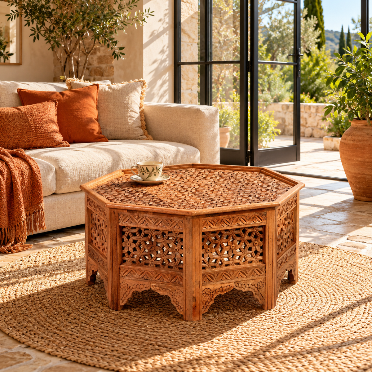 Lifestyle image of a Barkot octagonal mango wood coffee table with intricate floral and geometric carvings; durable hand-carved coffee table, 90 × 90 × 46 cm.
