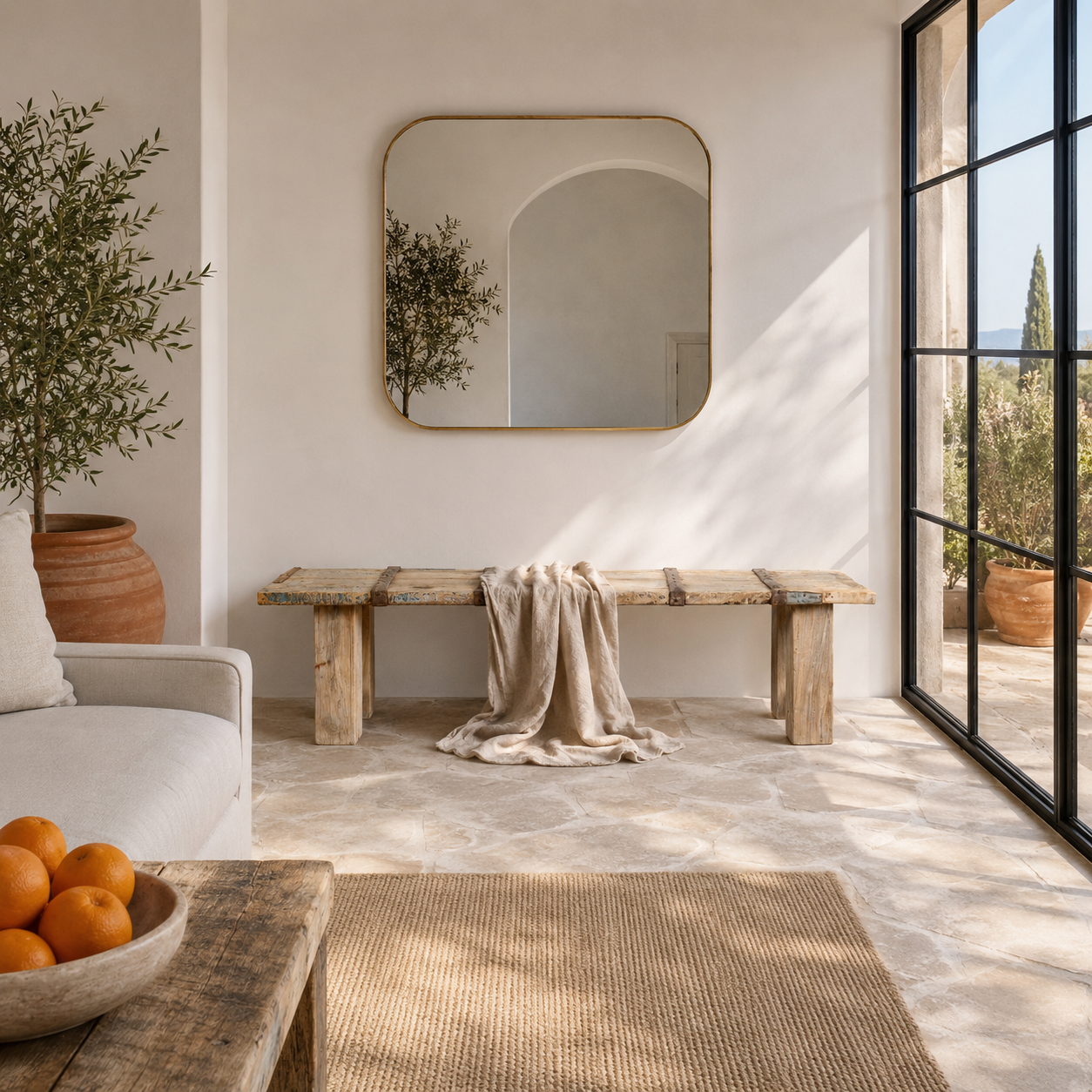 Lifestyle image of a Beas handcrafted bench made from a reclaimed antique Indian half teak door with original iron fittings, solid teak wood construction, rustic Ibiza style, and versatile bench or table design, 170cm.