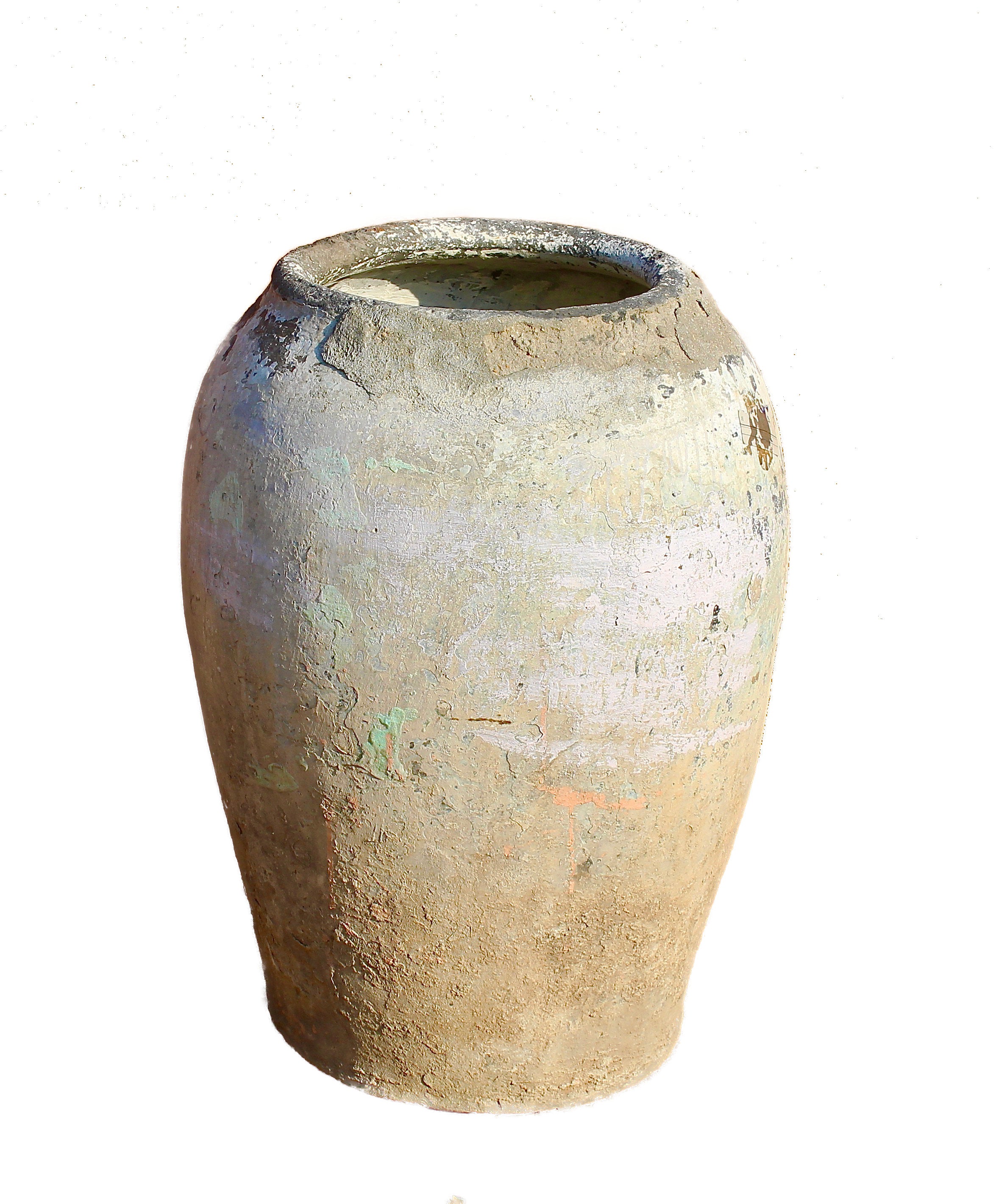 White background image of a antique clay vase with aged texture – a handcrafted Bali style clay vase ideal for Indian home decoration and earthy boho interiors.