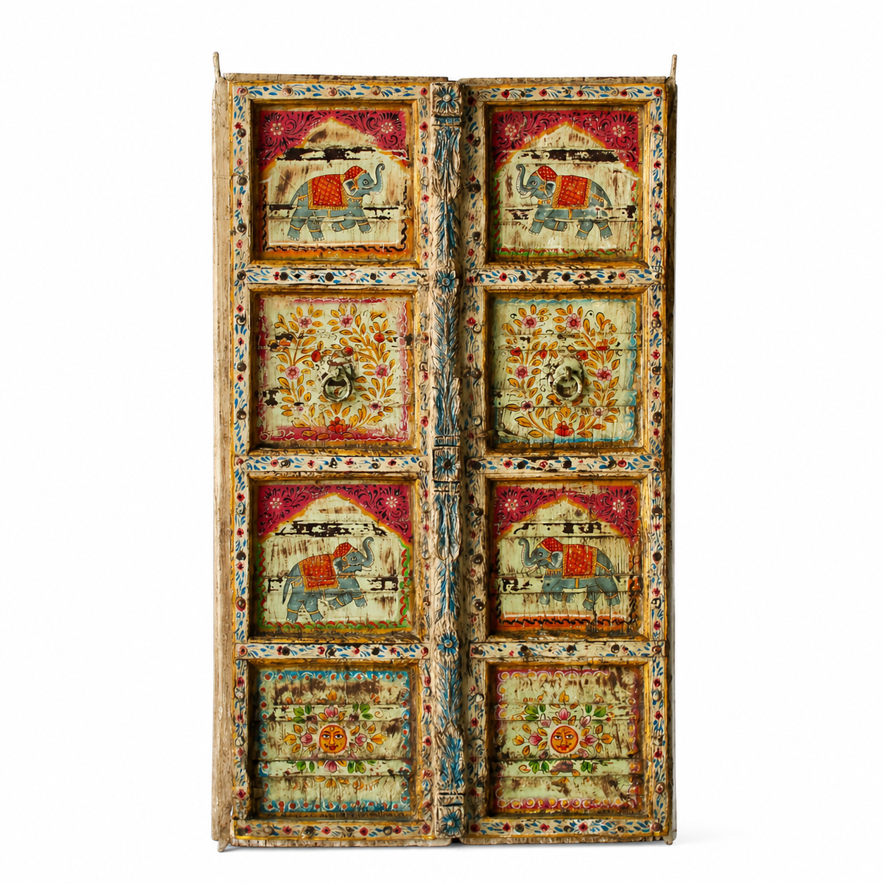 White background image of a hand-painted Indian antique teak door with elephant and floral motifs, distressed green finish, vintage wall panels for unique home decor.