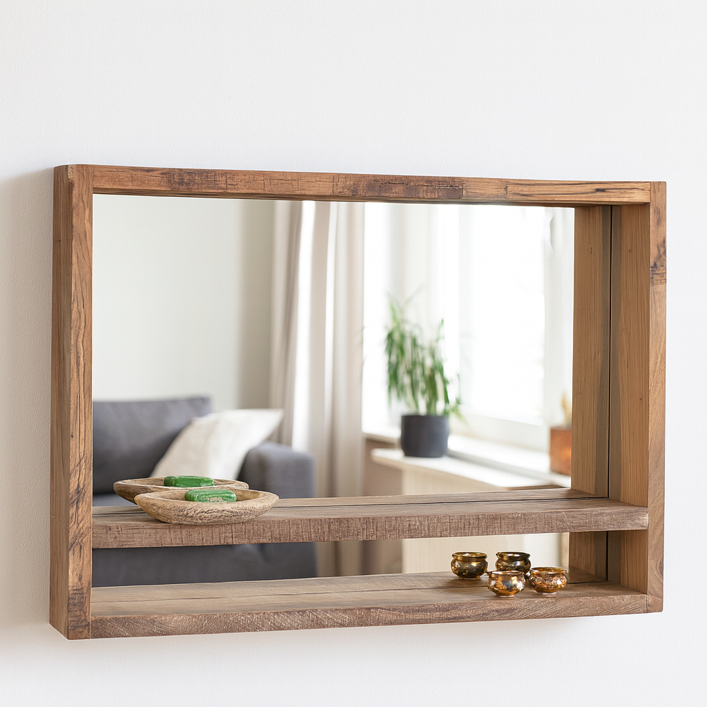 Lifestyle imagination of a rectangular reclaimed wooden mirror with sandblasted finish and integrated shelf; rustic bathroom mirror with storage, 90 × 150 × 60 cm.