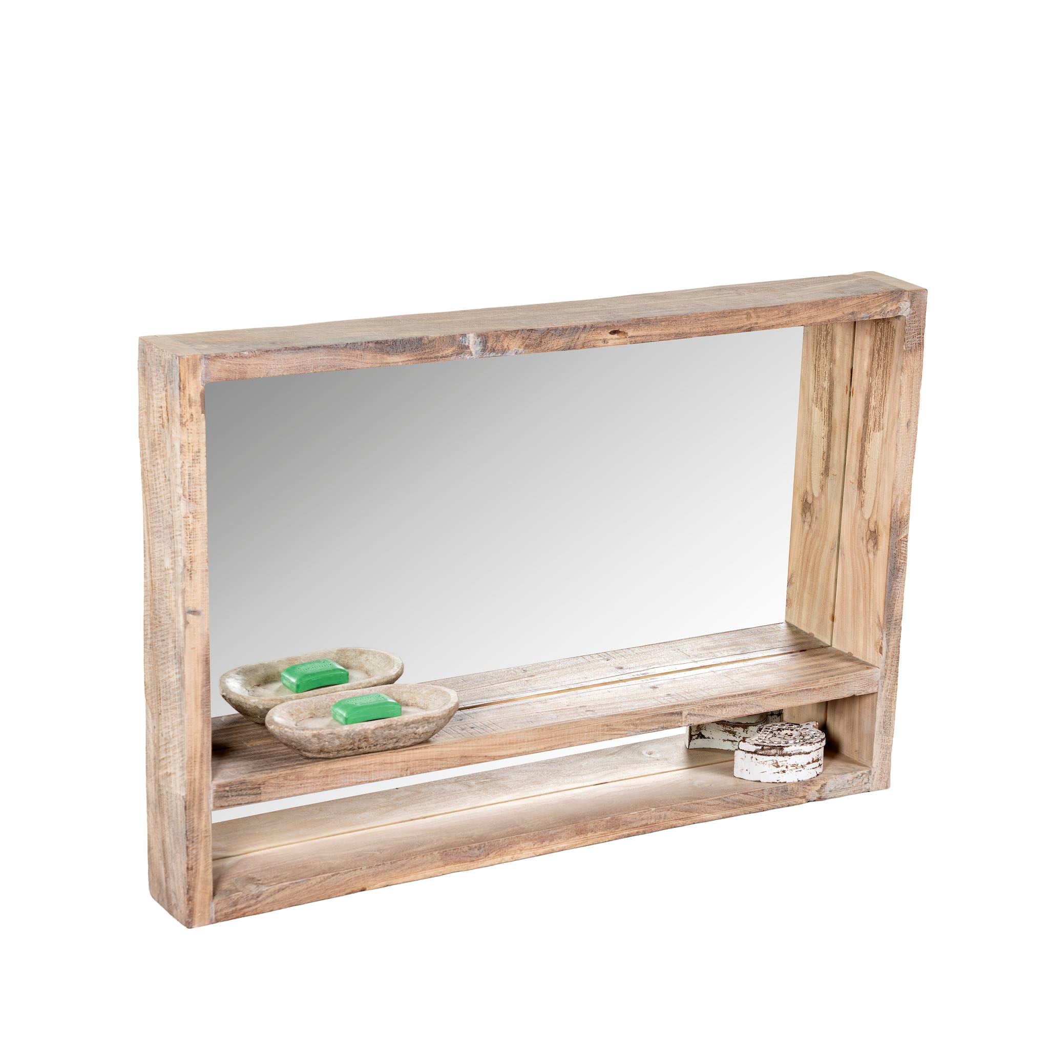 White background image of a rectangular reclaimed wooden mirror with sandblasted finish and integrated shelf; rustic bathroom mirror with storage, 120 × 15 × 80 cm.