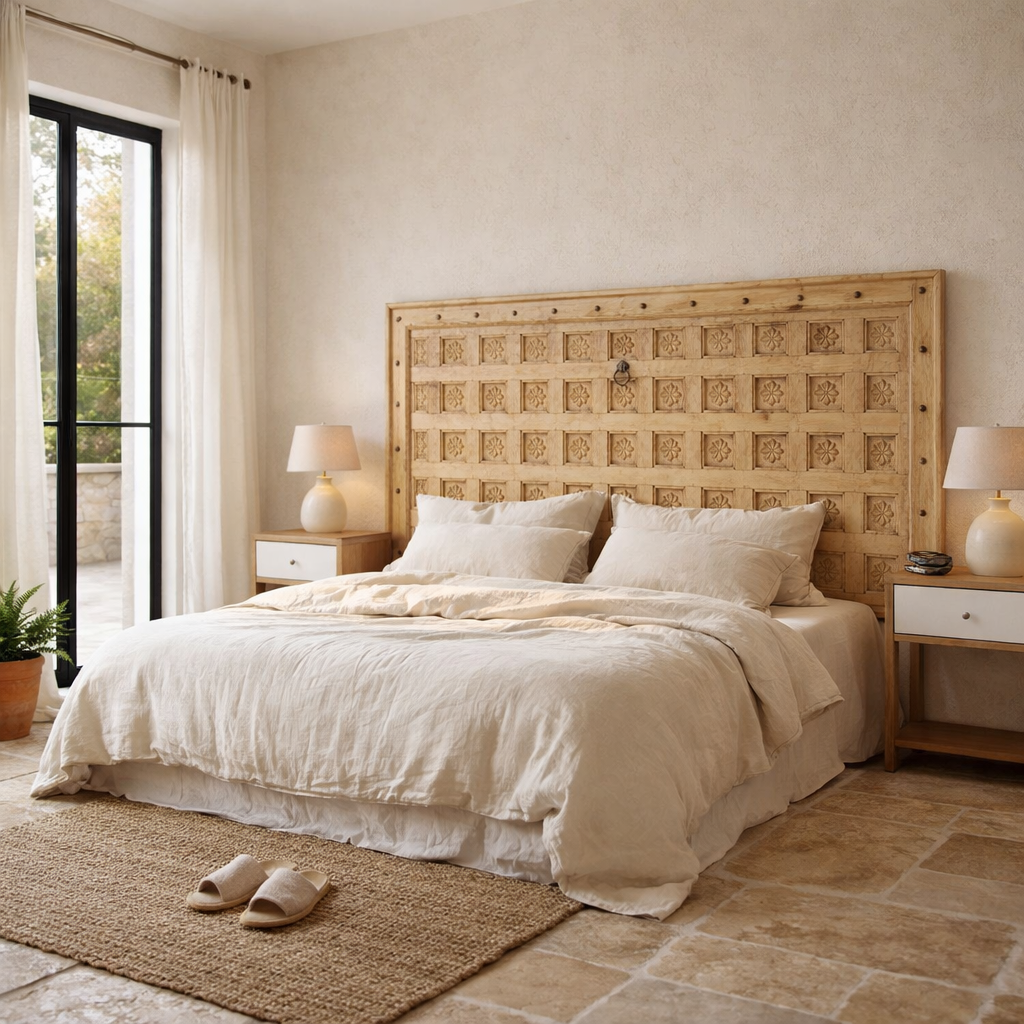 Lifestyle image of a Bheem hand-carved teak headboard made from an old Indian ceiling door, featuring floral panel carvings and a whitewashed finish—an authentic piece of old door headboards and old Indian door furniture.