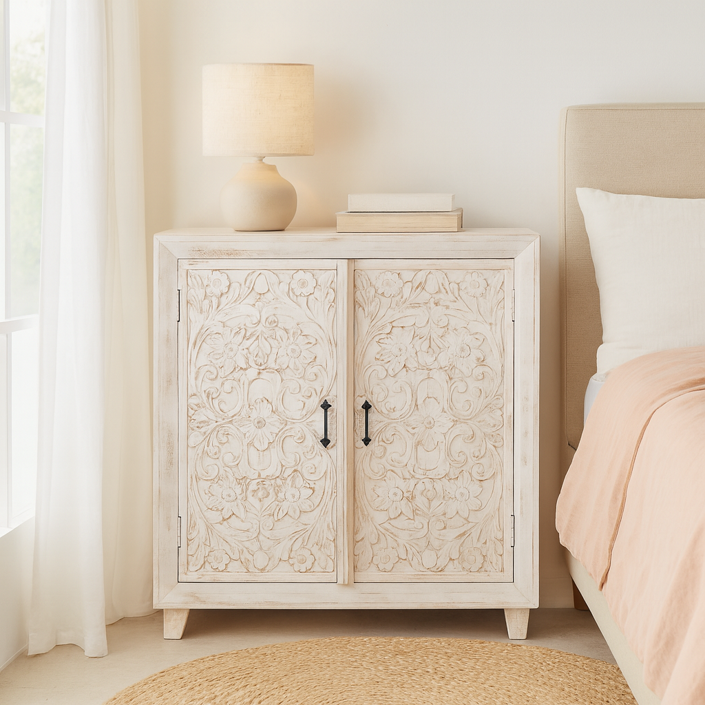 Lifestyle imagination of a white washed wooden cabinet made from mango wood with hand-carved Indian floral patterns, rustic Mediterranean-style furniture, 90 × 97 × 40 cm.