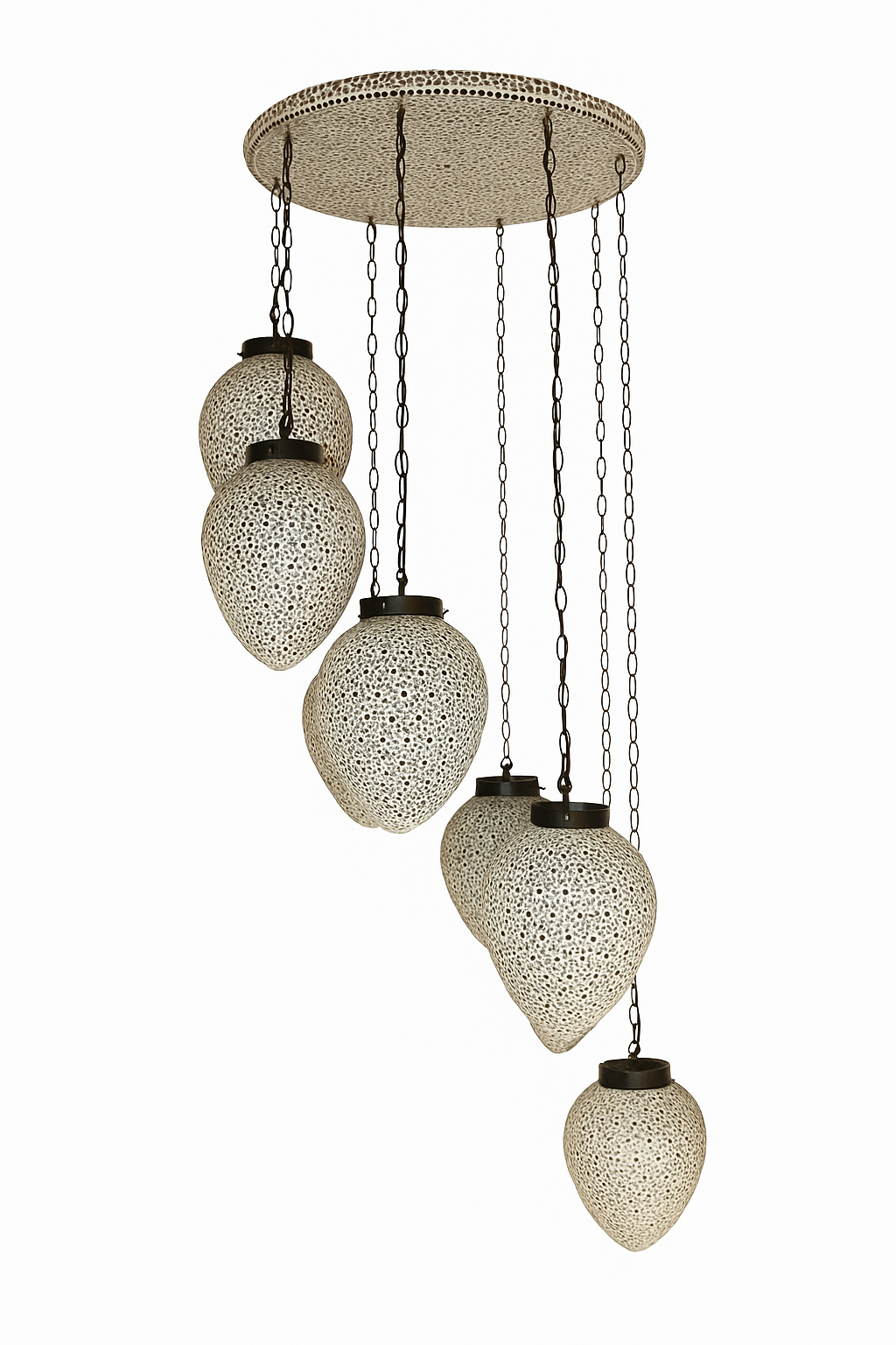 White background image of a mosaic pendant lamp Bhuv with round ceiling panel and 7 hanging mosaic stone lights – handcrafted lighting design, 60 cm panel with 30x20 cm teardrop light bodies.