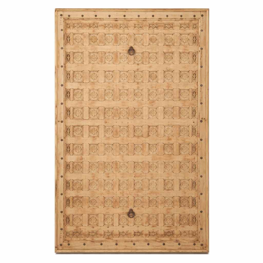 White background image of a Bhuvi hand-carved teak headboard made from an old Indian ceiling door, featuring symmetrical floral panels and a whitewashed finish—an heirloom-style piece of old door headboards and old Indian door furniture.