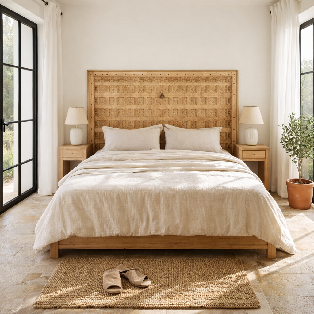 Lifestyle image of a Bhuvi hand-carved teak headboard made from an old Indian ceiling door, featuring symmetrical floral panels and a whitewashed finish—an heirloom-style piece of old door headboards and old Indian door furniture.