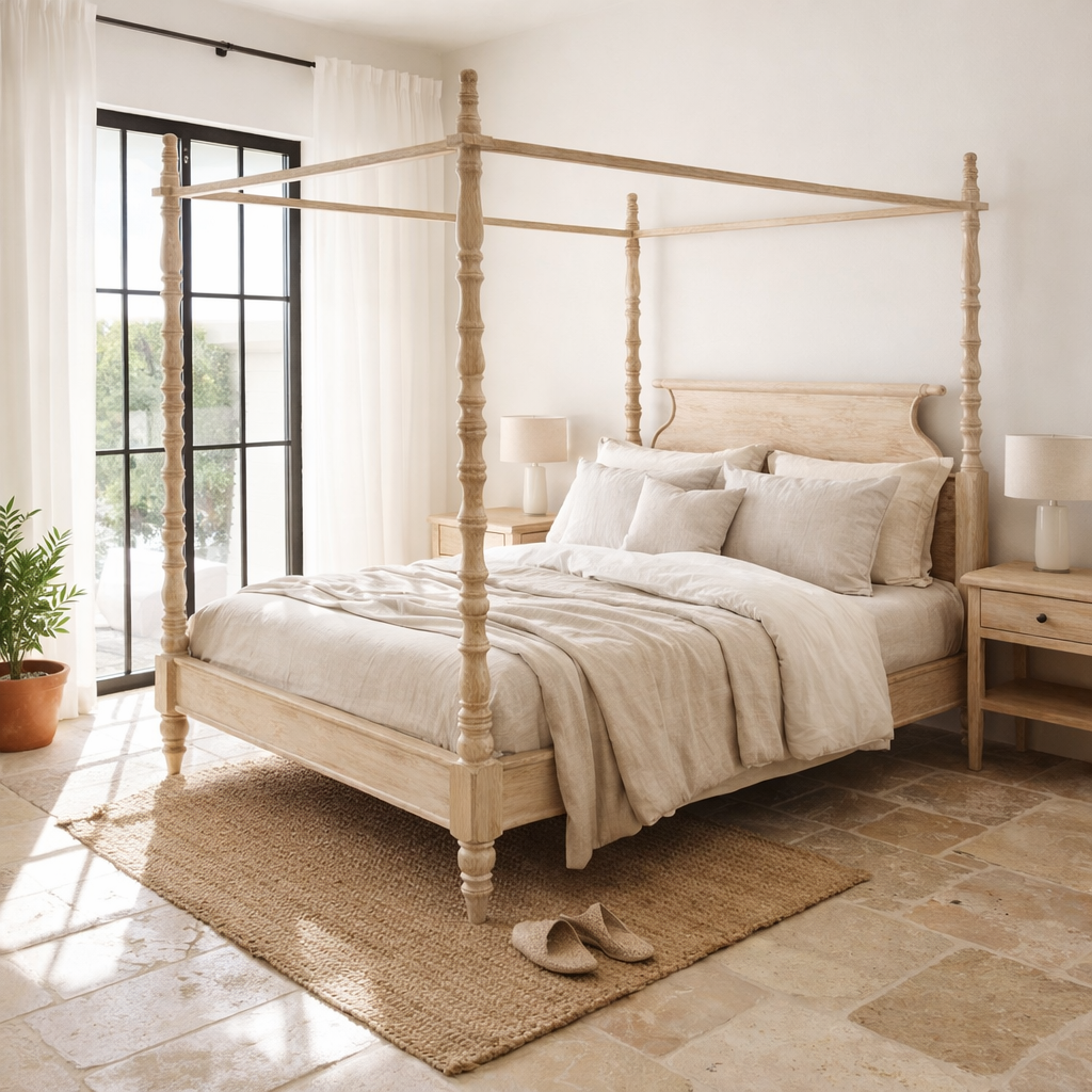 Lifestyle image of a handcrafted canopy boho bed Bistar white in solid mango wood, Mediterranean-inspired artisanal bedroom furniture, 190 × 200 cm.