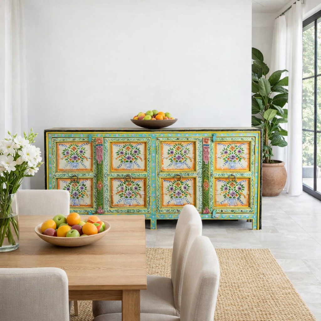 Lifestyle image of a of a reclaimed wood sideboard with hand painted floral motifs and distressed finish; artisanal storage furniture for bohemian interiors, 170 × 40 × 104 cm.